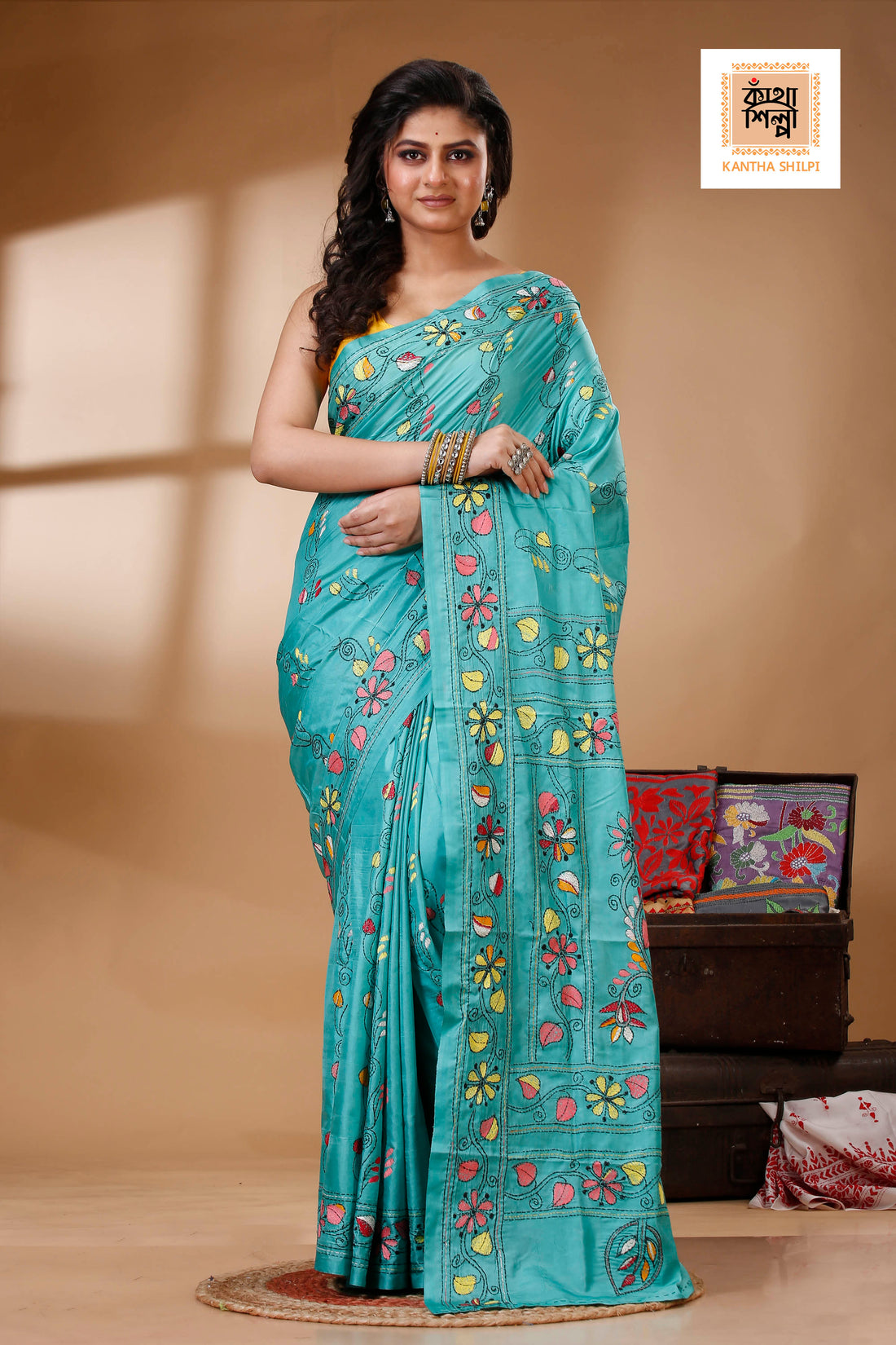 Sea Green Color Bangalore Silk Multicolor Thread Work Kantha Stitch Saree