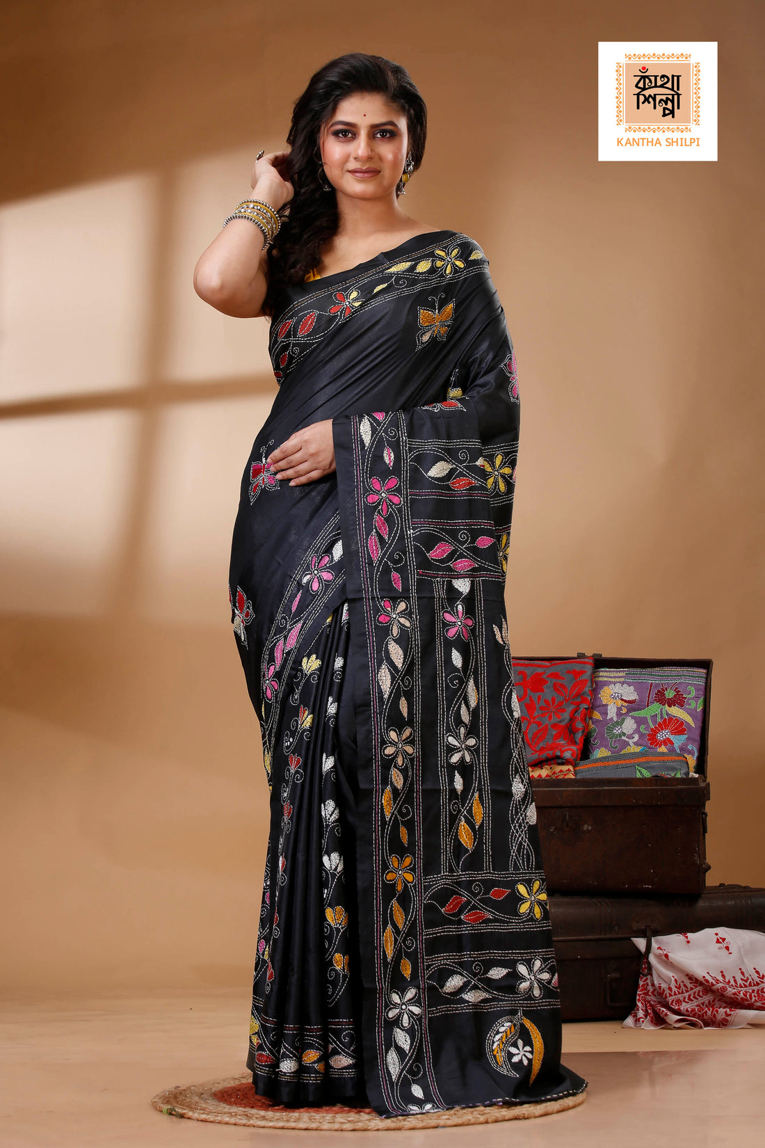 Black Color Bangalore Silk Multicolor Thread Work Kantha Stitch Saree