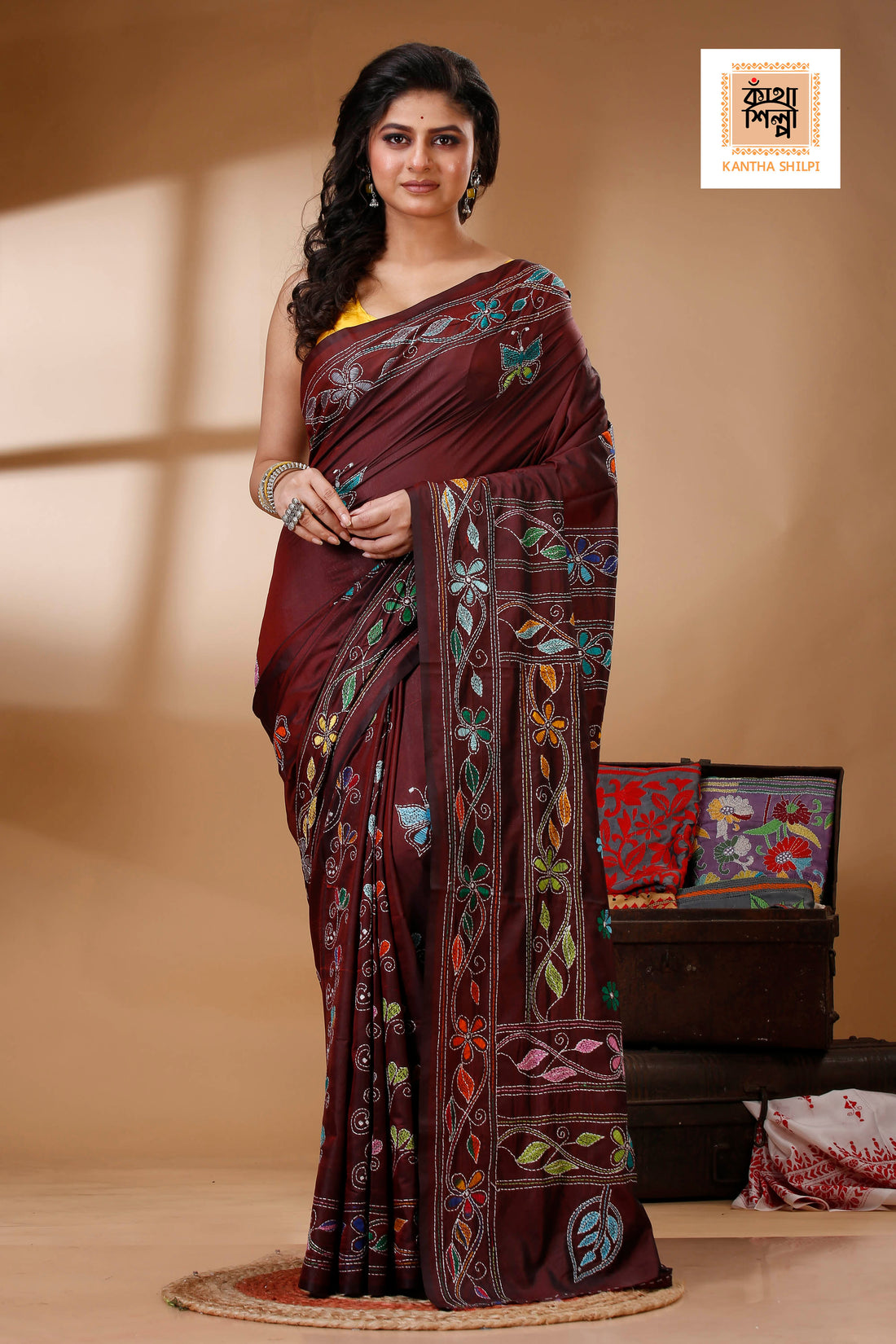 Wine Color Bangalore Silk Multicolor Thread Work Kantha Stitch Saree