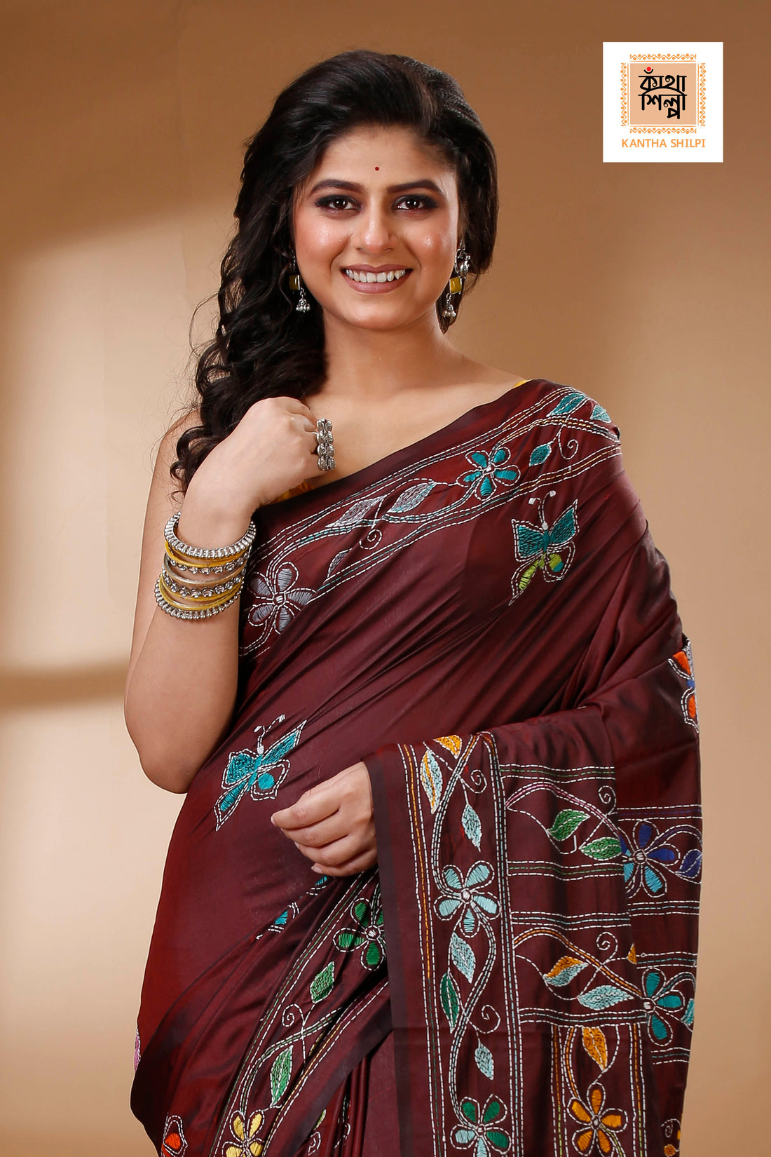 Wine Color Bangalore Silk Multicolor Thread Work Kantha Stitch Saree
