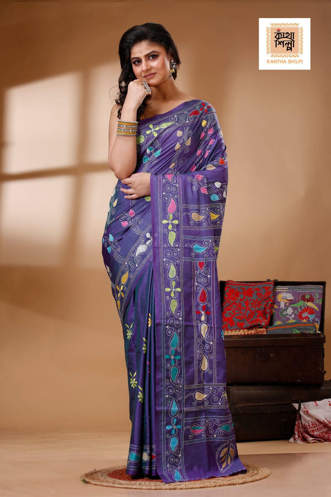 Purple Color Bangalore Silk Multicolor Thread Work Kantha Stitch Saree