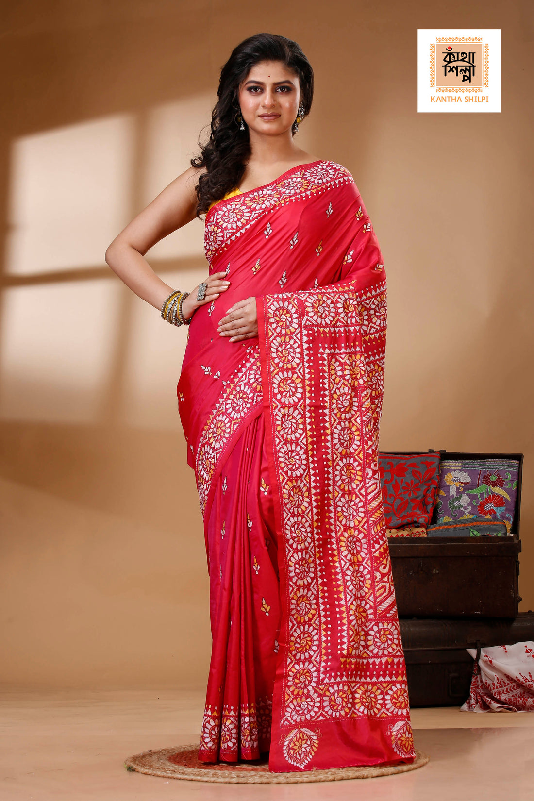Red Color Bangalore Silk White Yellow twist color Thread Work Kantha Stitch Saree