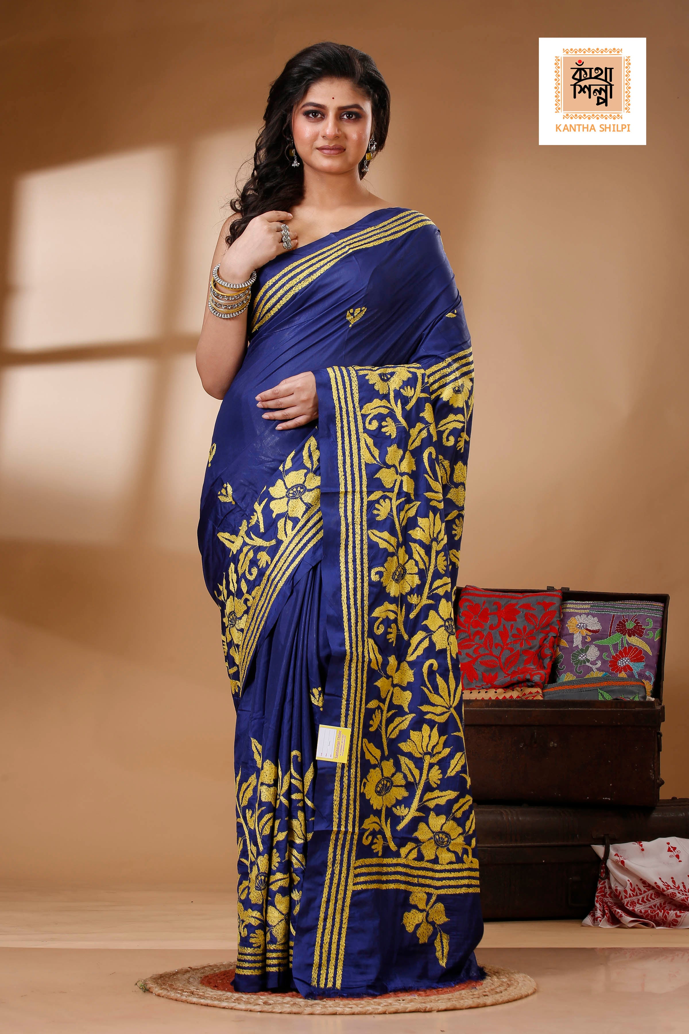 Blue Color Bangalore Silk Yellow color Thread Work Kantha Stitch Saree