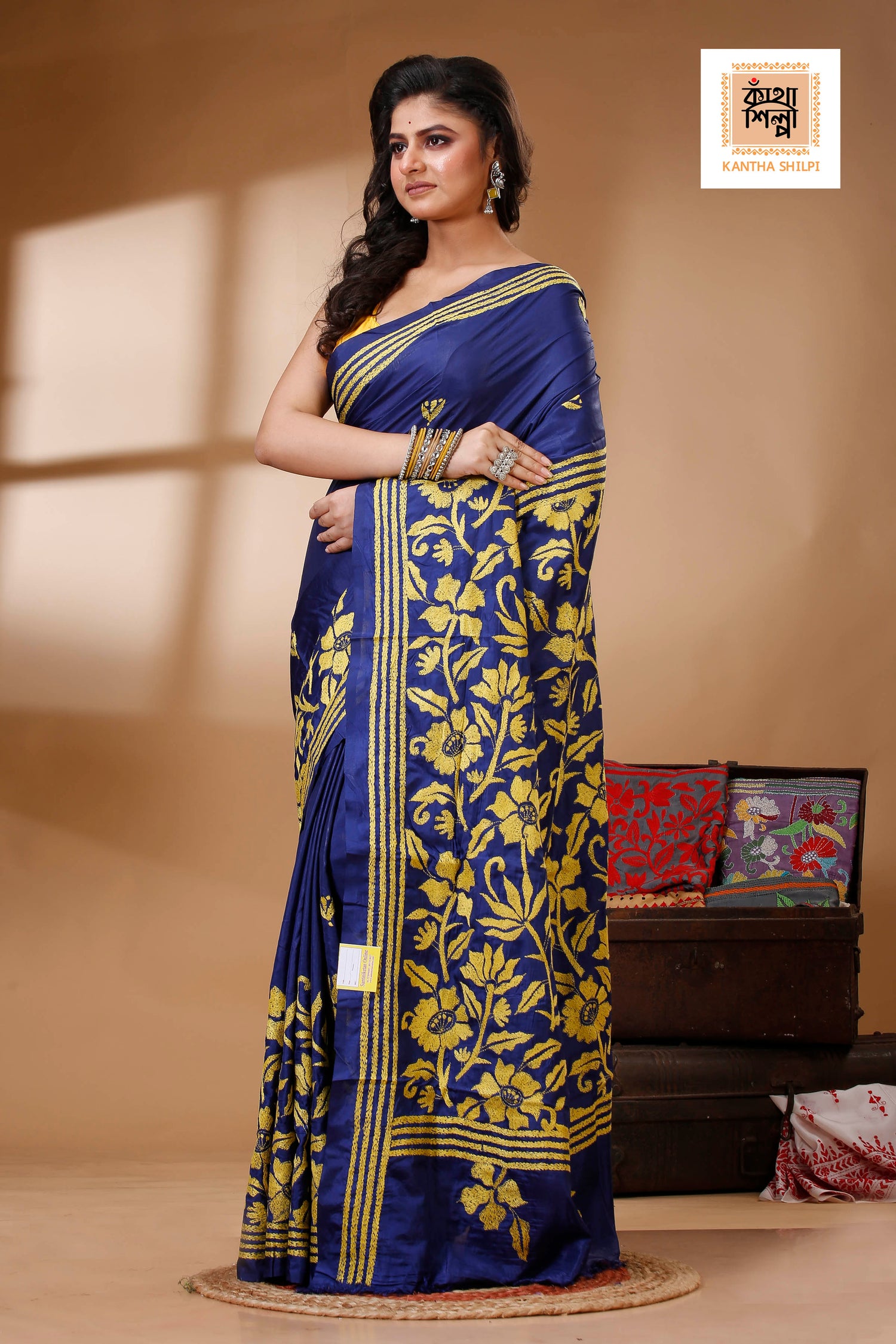 Blue Color Bangalore Silk Yellow color Thread Work Kantha Stitch Saree