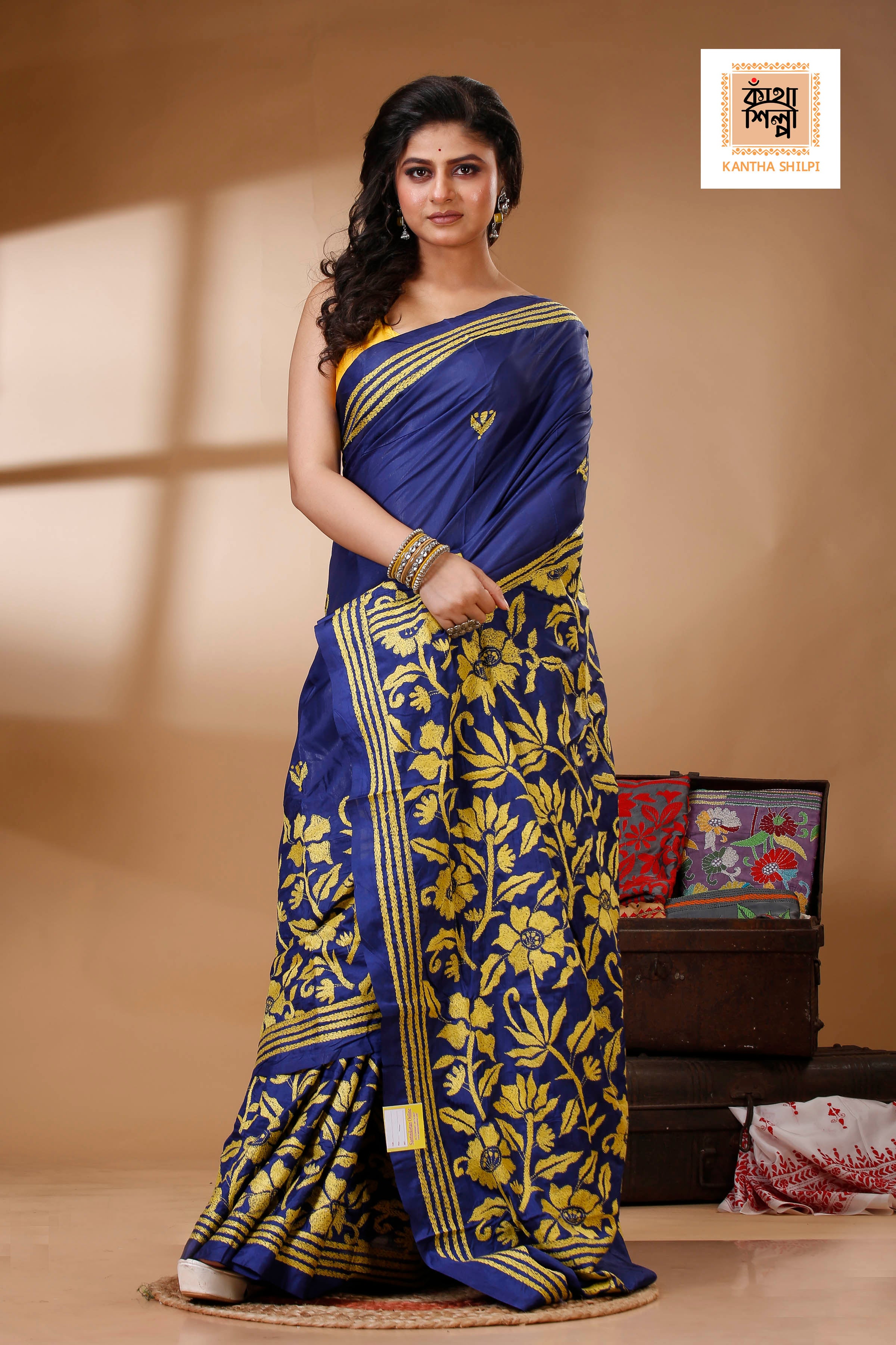 Blue Color Bangalore Silk Yellow color Thread Work Kantha Stitch Saree