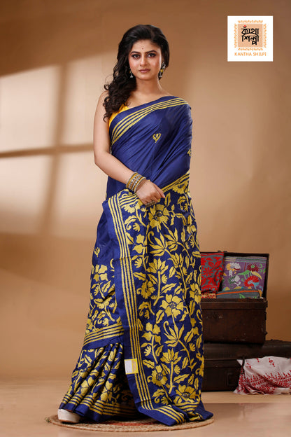 Blue Color Bangalore Silk Yellow color Thread Work Kantha Stitch Saree