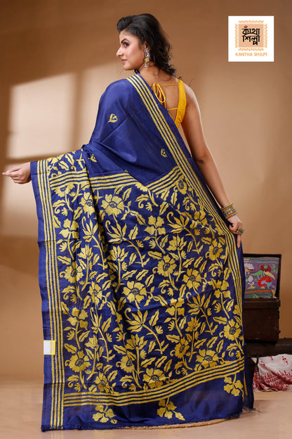 Blue Color Bangalore Silk Yellow color Thread Work Kantha Stitch Saree