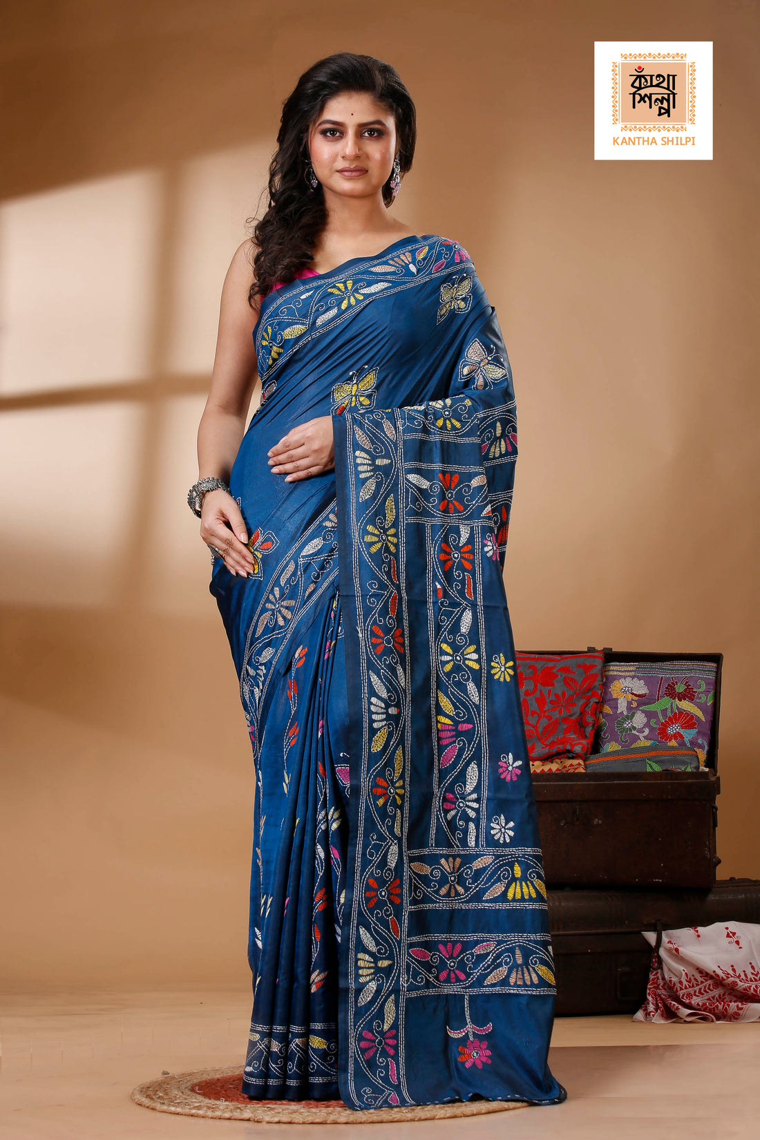 Light Navy Color Bangalore Silk Multicolor Thread Work Kantha Stitch Saree