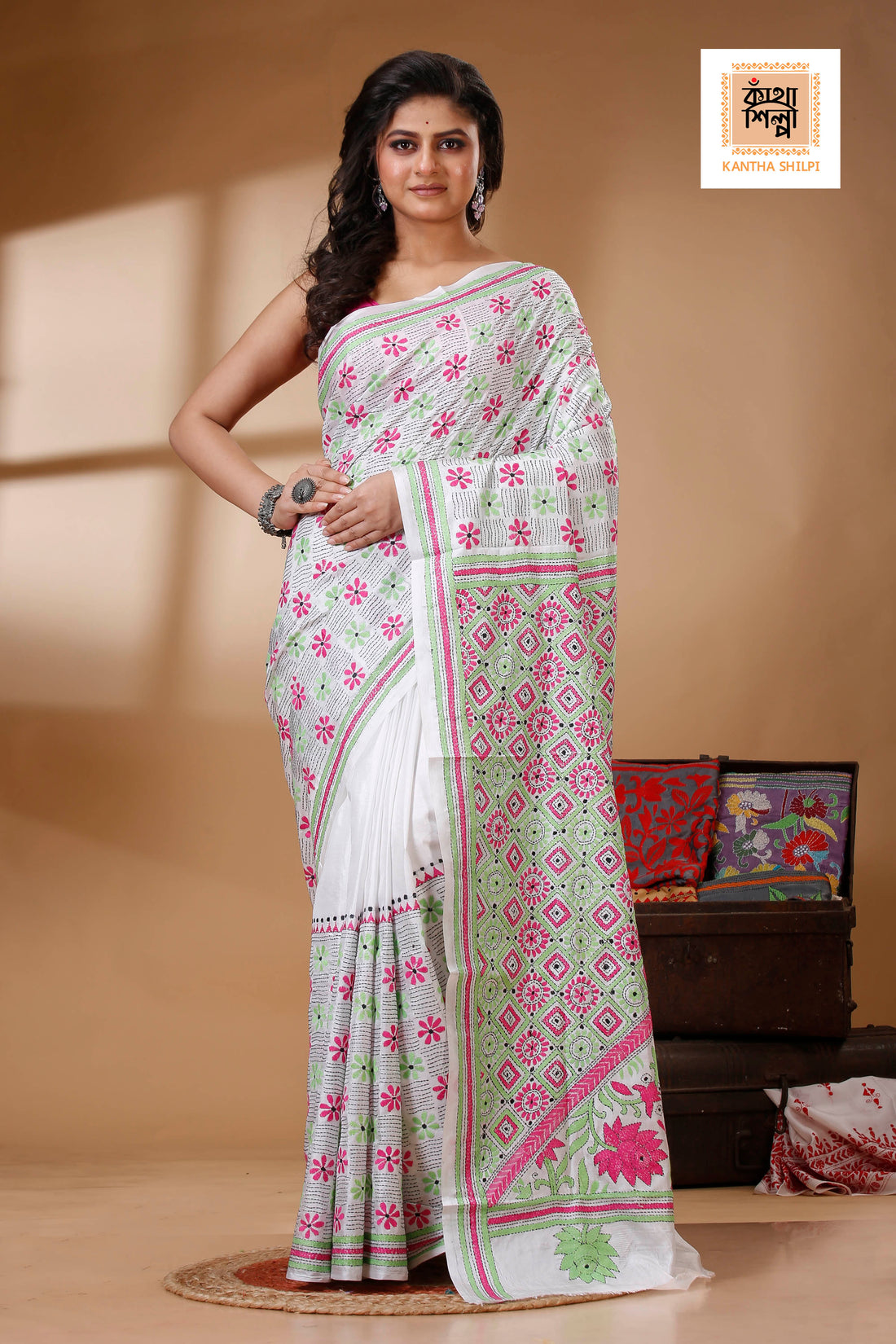 White Color Bangalore Silk Multicolor Thread Work Kantha Stitch Saree