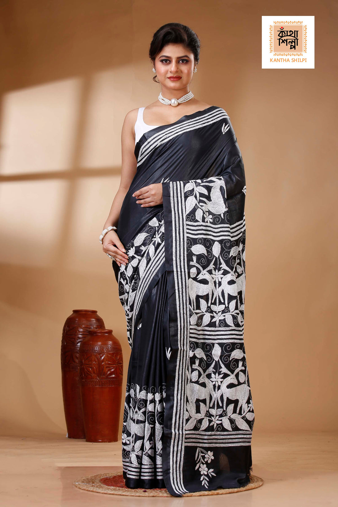 Black Color Bangalore Silk White color Thread Work Kantha Stitch Saree
