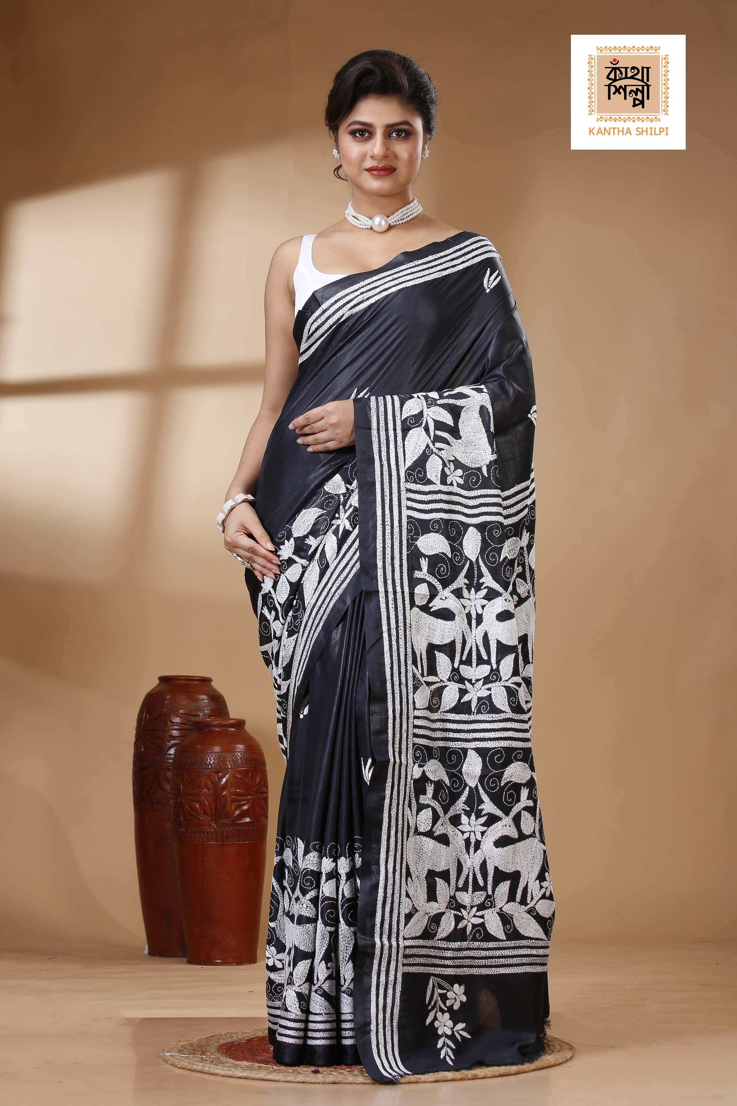 Black Color Bangalore Silk White color Thread Work Kantha Stitch Saree