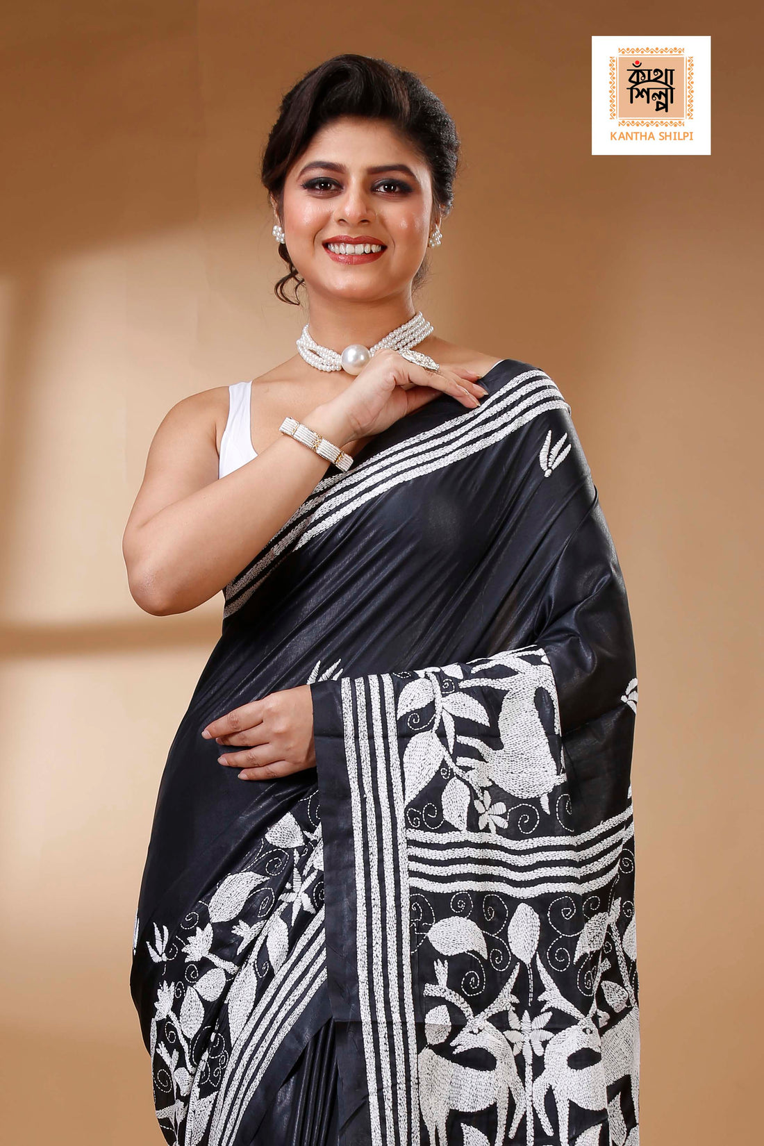 Black Color Bangalore Silk White color Thread Work Kantha Stitch Saree