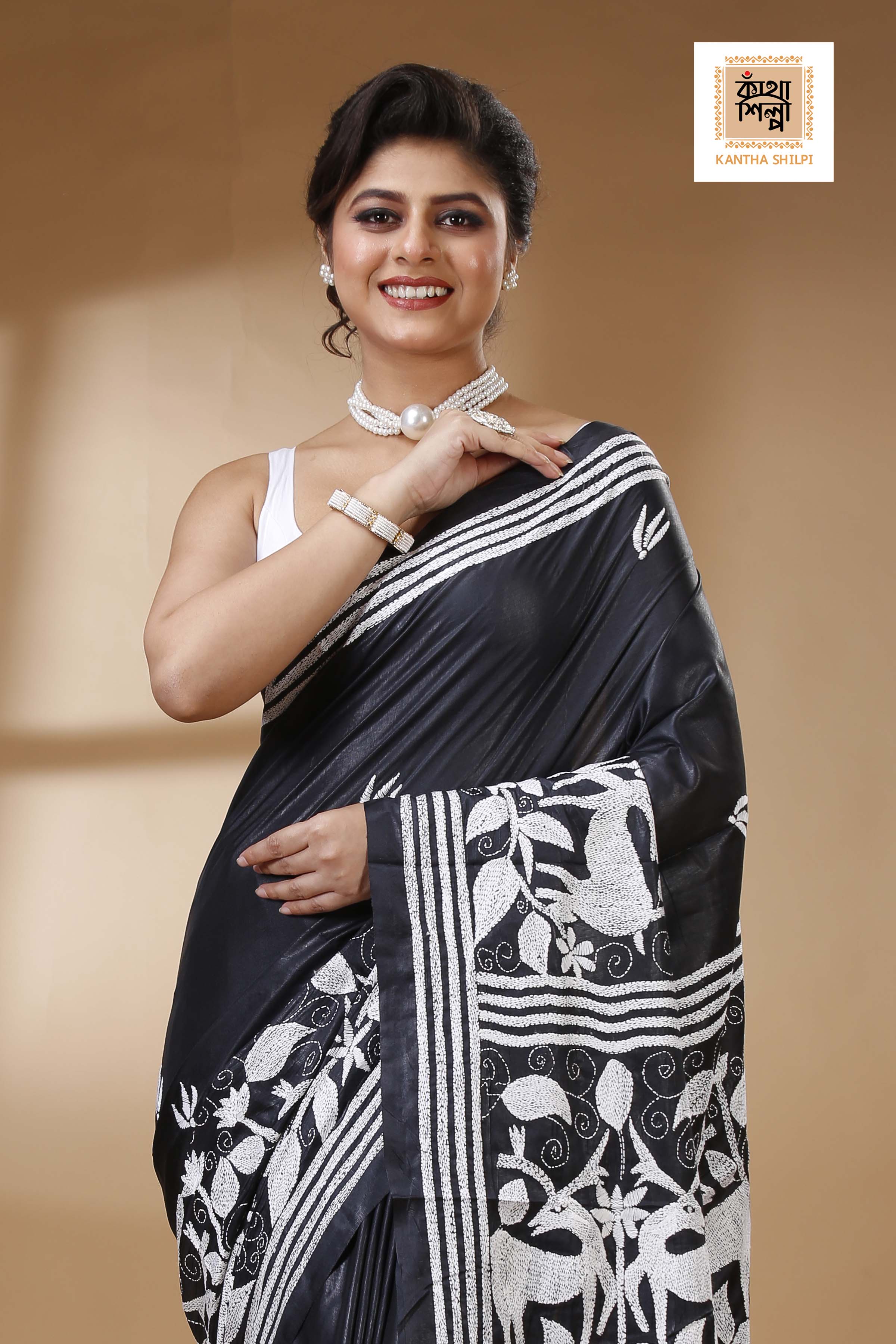 Black Color Bangalore Silk White color Thread Work Kantha Stitch Saree