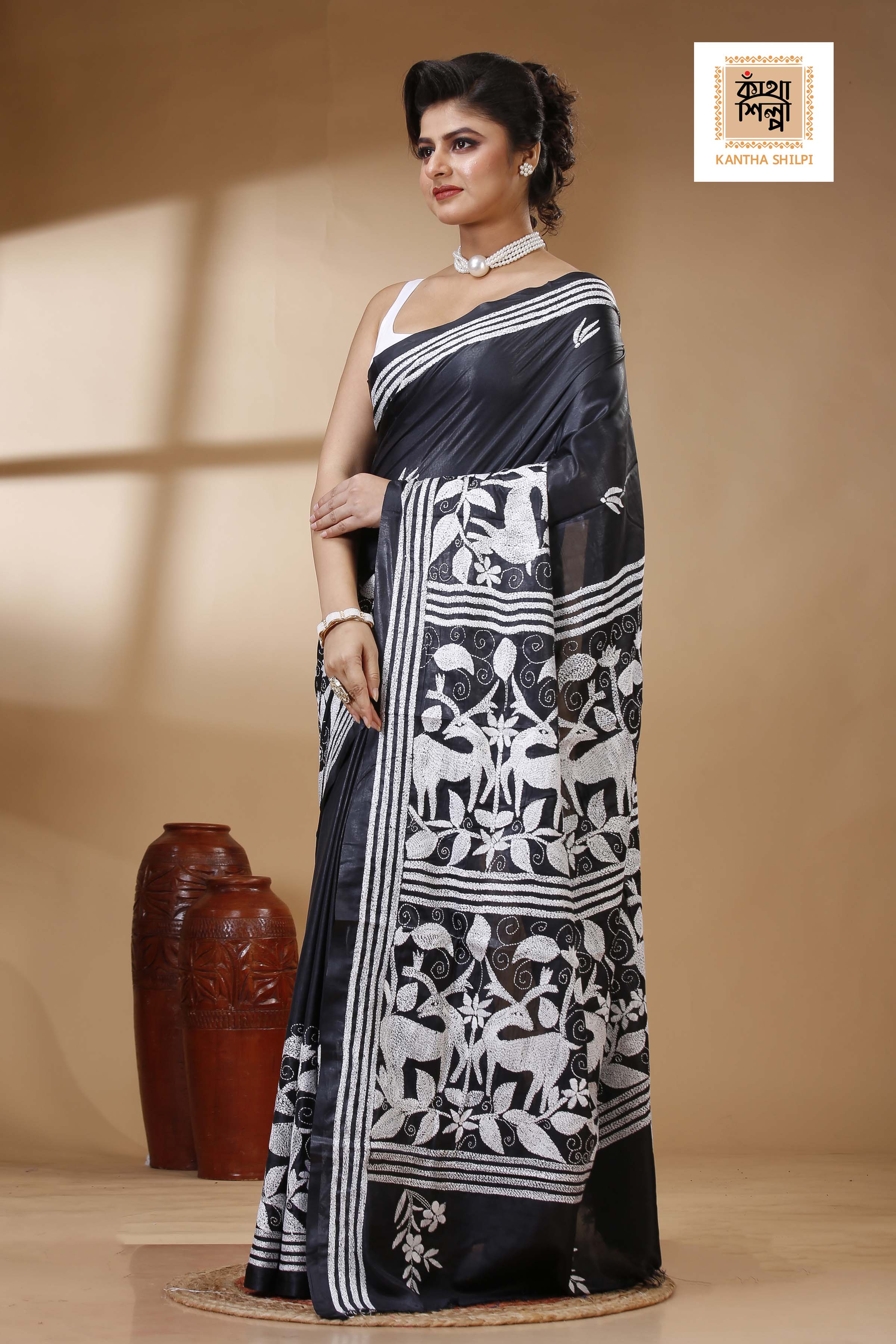 Black Color Bangalore Silk White color Thread Work Kantha Stitch Saree