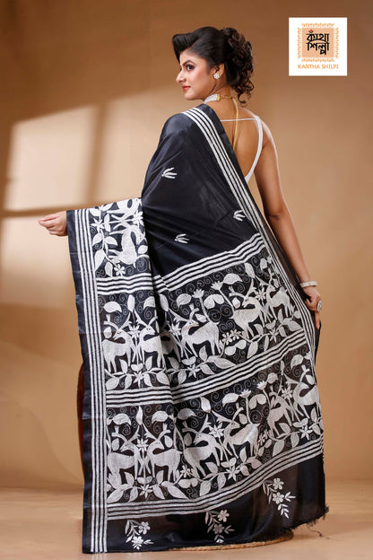 Black Color Bangalore Silk White color Thread Work Kantha Stitch Saree