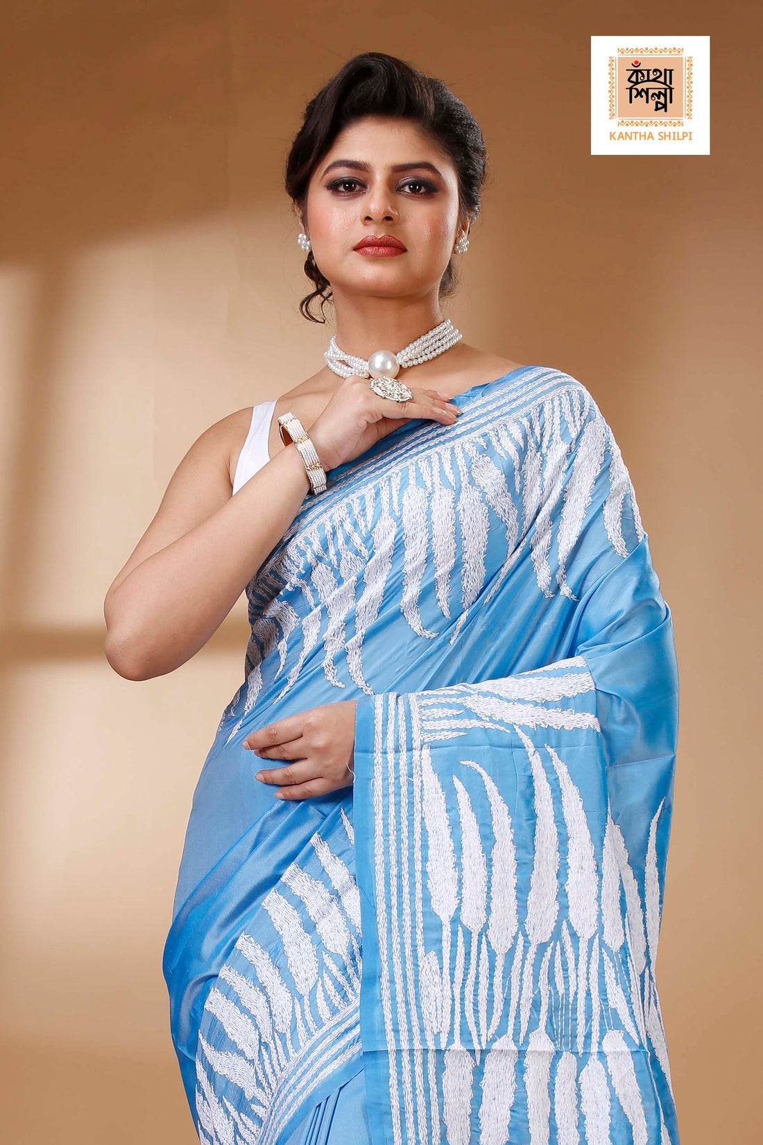 Silk Blue Color Bangalore Silk White color Thread Work Kantha Stitch Saree