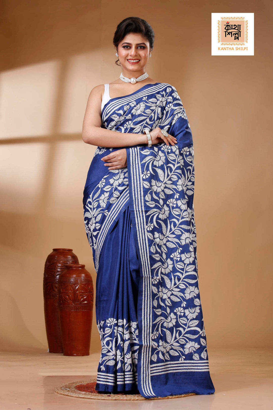 Blue Color Bangalore Silk White color Thread Work Kantha Stitch Saree