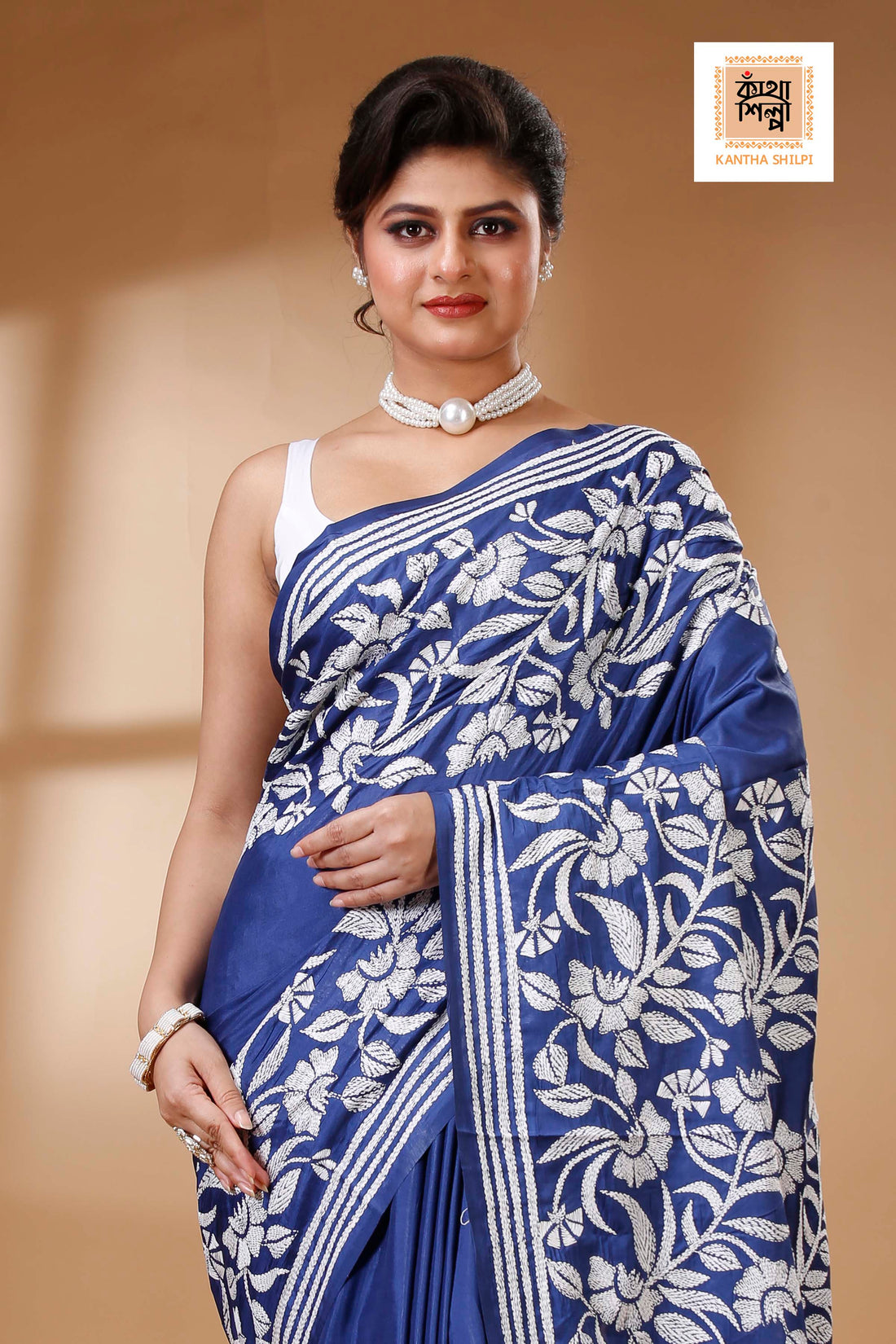Blue Color Bangalore Silk White color Thread Work Kantha Stitch Saree