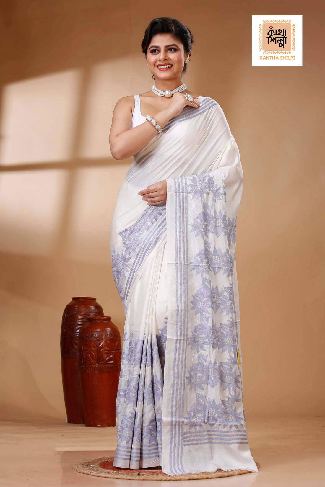 White Color Bangalore Silk Lavender Gray color Thread Work Kantha Stitch Saree