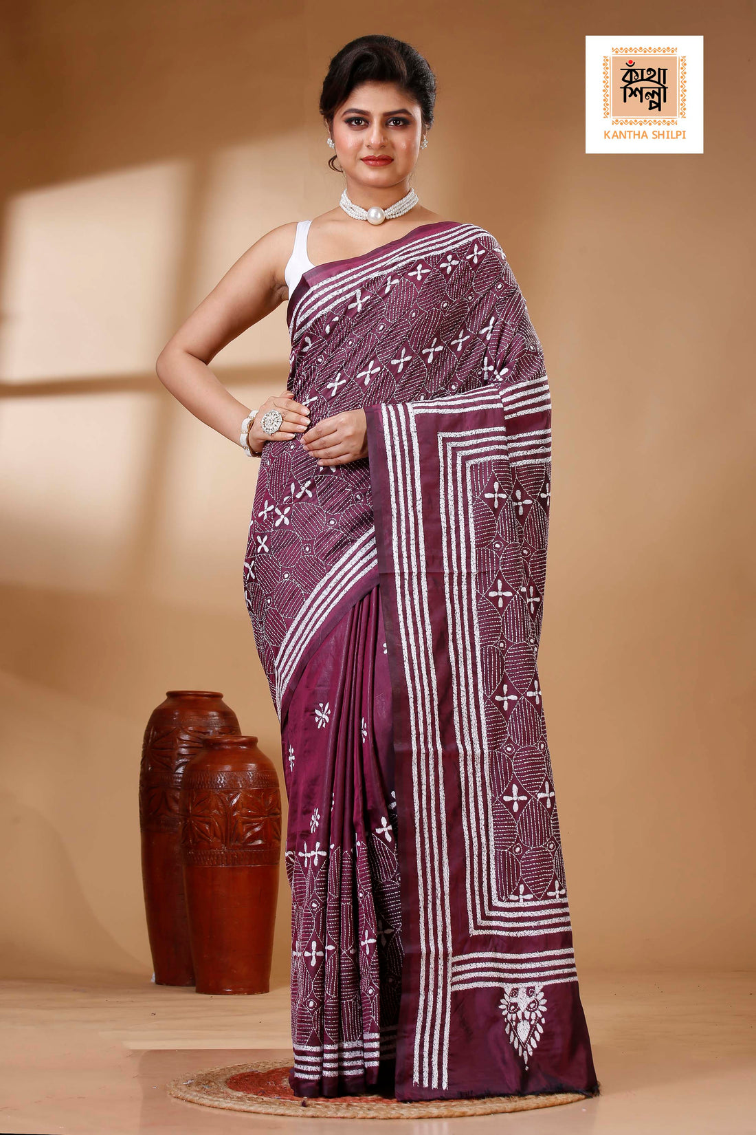 Wine Color Bangalore Silk White color Thread Work Kantha Stitch Saree
