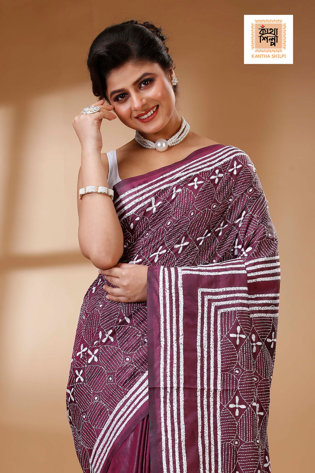 Wine Color Bangalore Silk White color Thread Work Kantha Stitch Saree