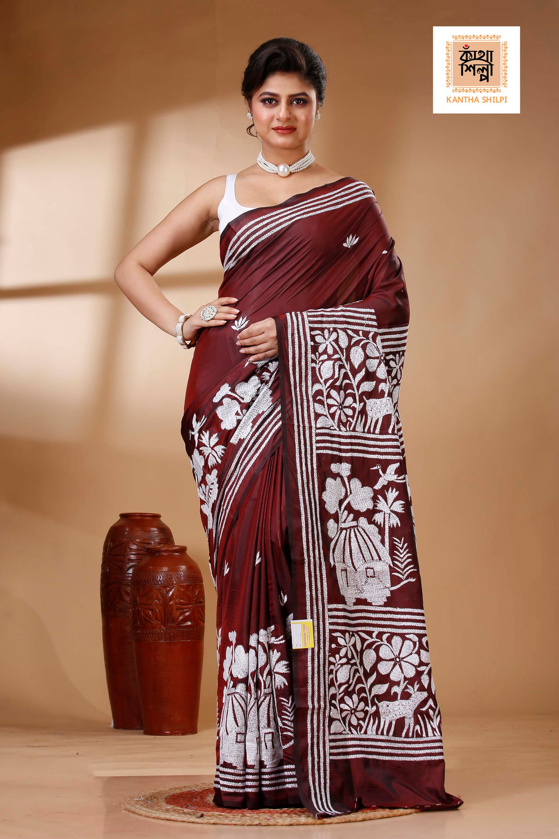 Maroon Color Bangalore Silk White color Thread Work Kantha Stitch Saree