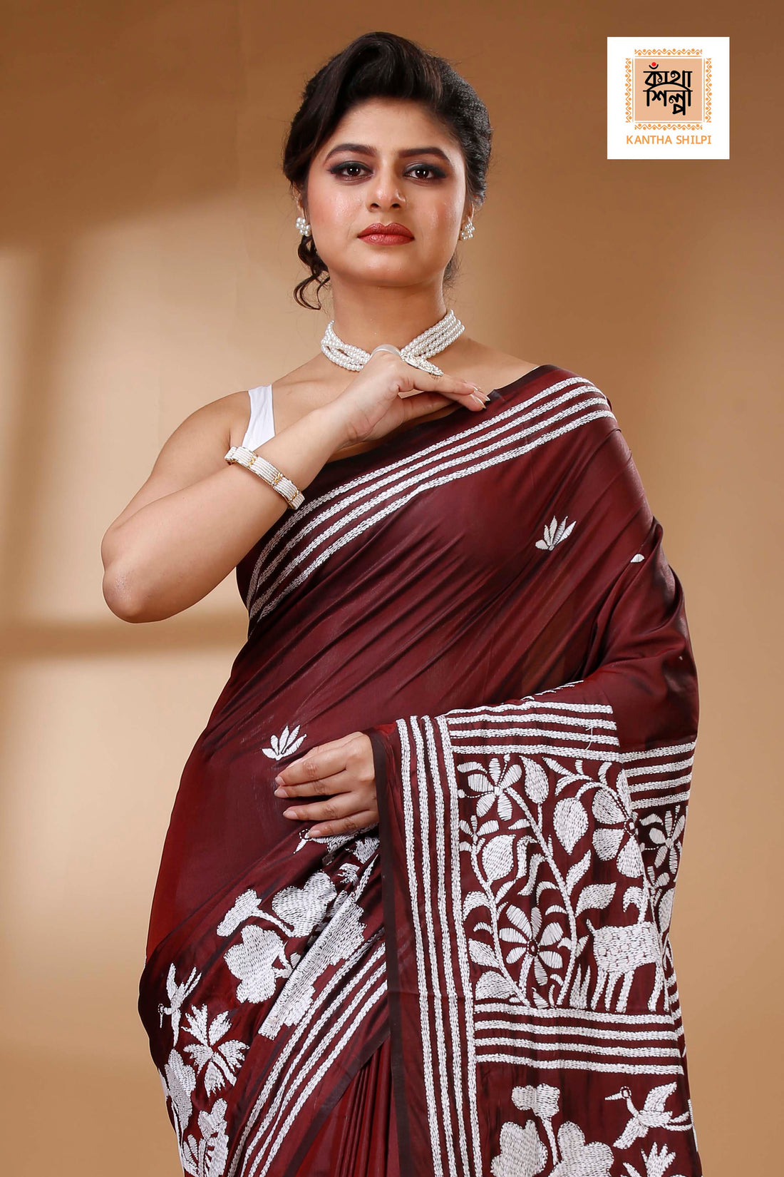 Maroon Color Bangalore Silk White color Thread Work Kantha Stitch Saree