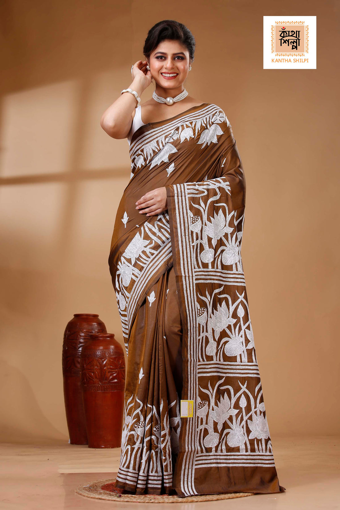 Brown Color Bangalore Silk White color Thread Work Kantha Stitch Saree