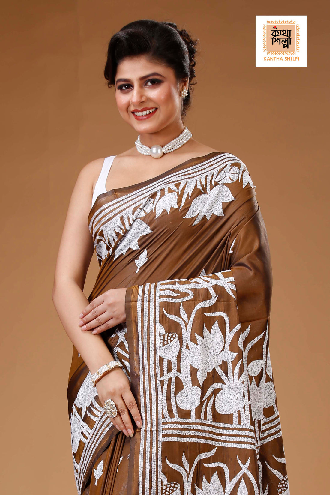 Brown Color Bangalore Silk White color Thread Work Kantha Stitch Saree