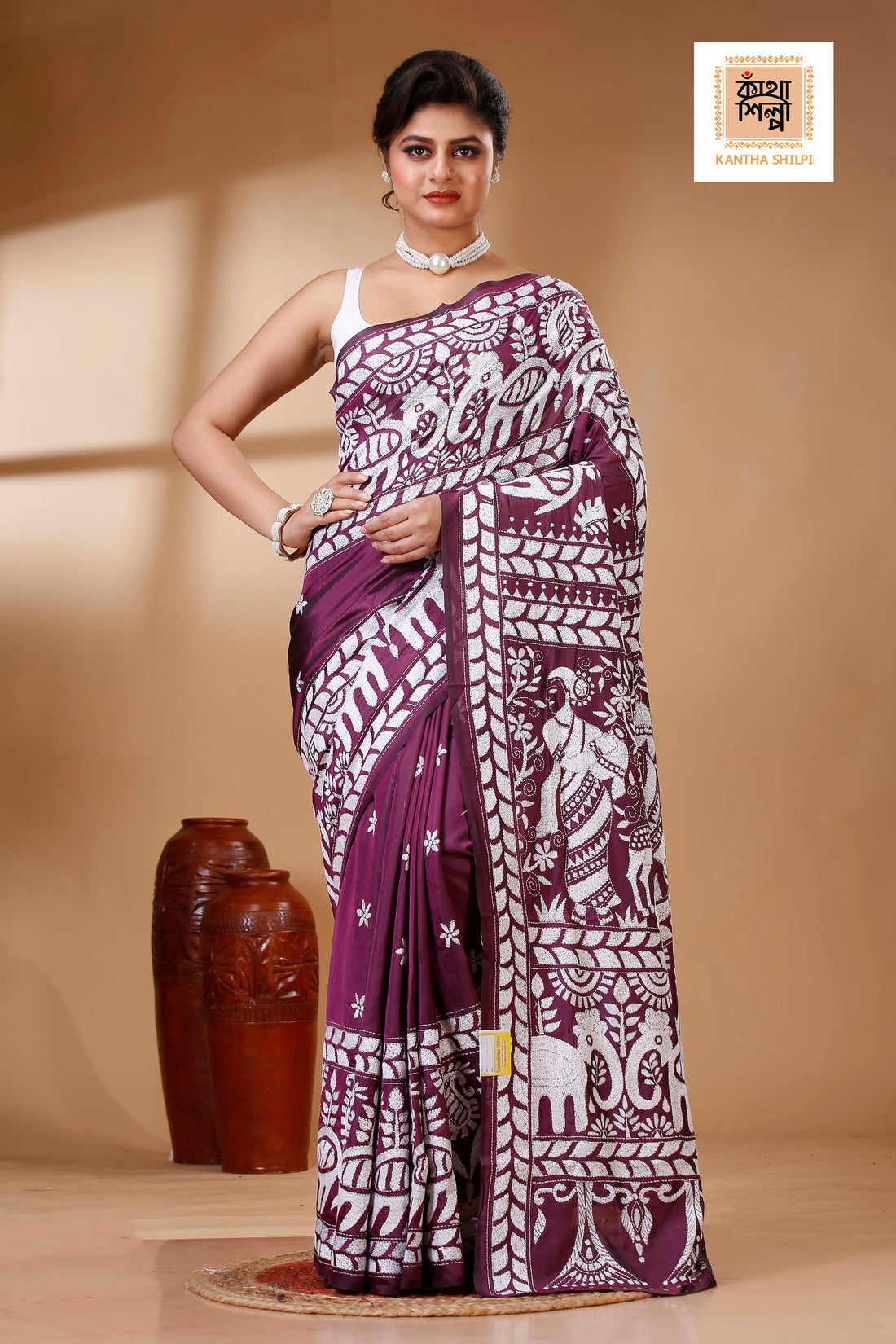 Wine Color Bangalore Silk White color Thread Work Kantha Stitch Saree