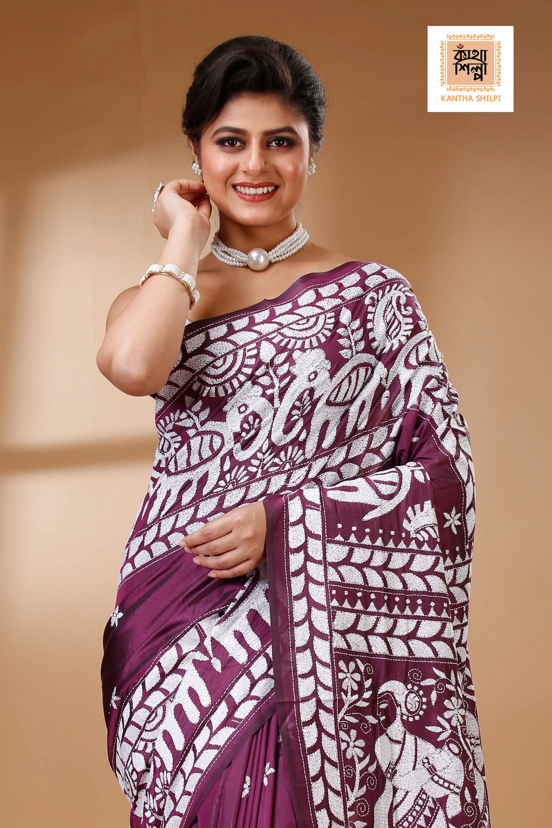 Wine Color Bangalore Silk White color Thread Work Kantha Stitch Saree