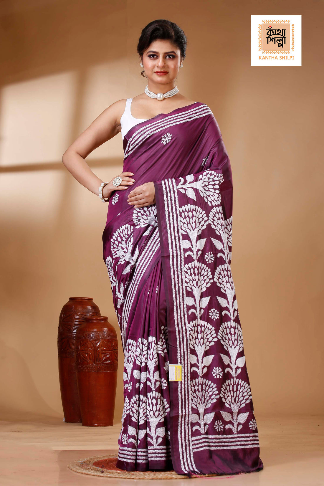 Wine Color Bangalore Silk White color Thread Work Kantha Stitch Saree
