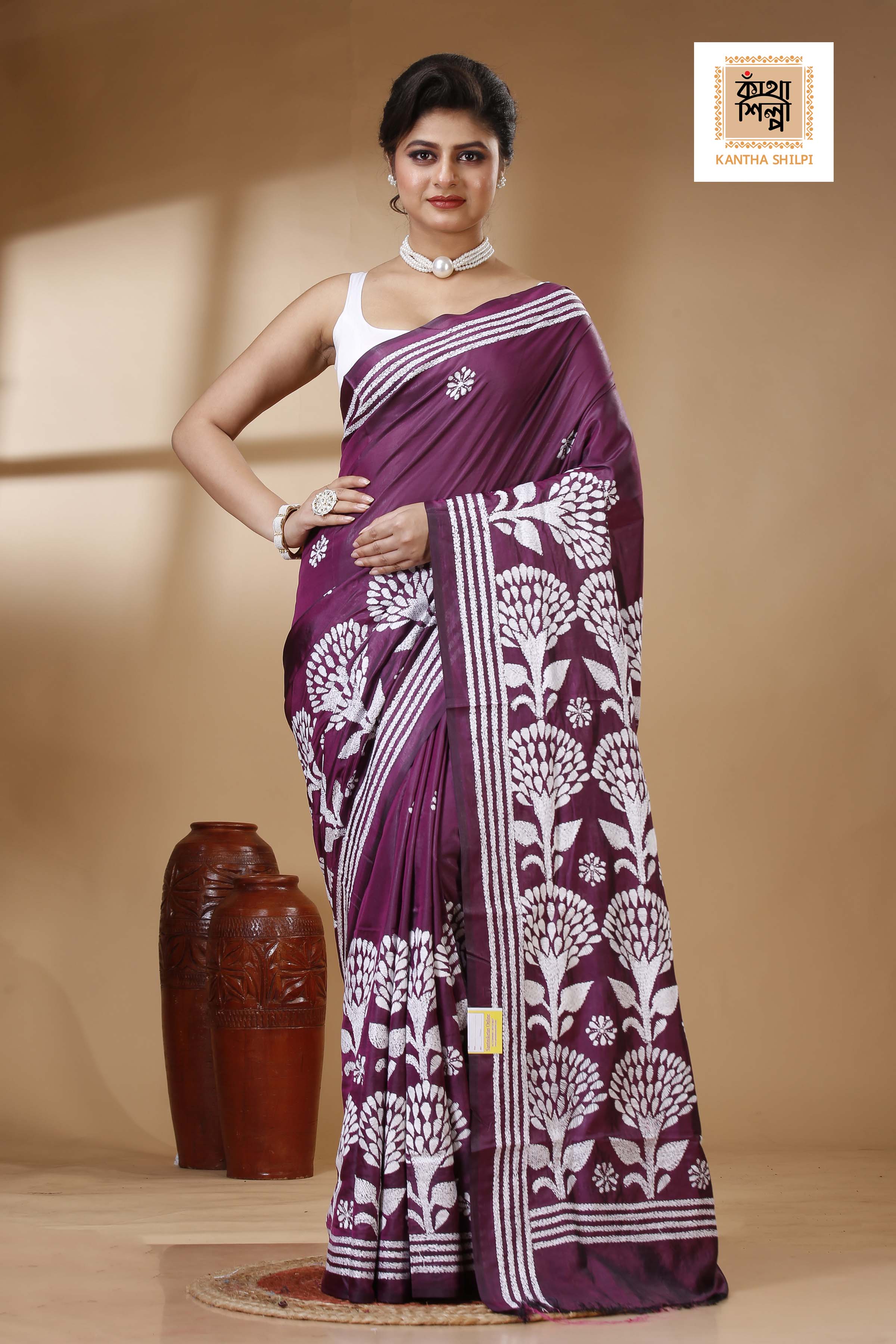 Wine Color Bangalore Silk White color Thread Work Kantha Stitch Saree