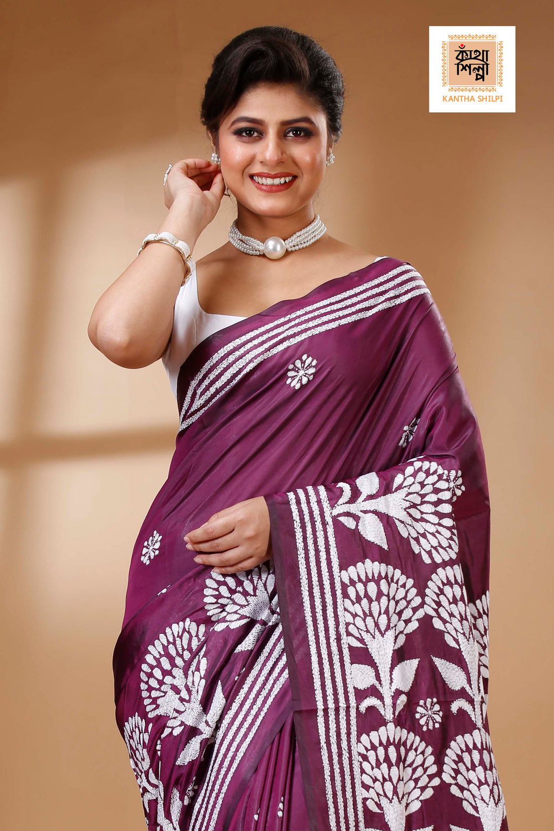 Wine Color Bangalore Silk White color Thread Work Kantha Stitch Saree