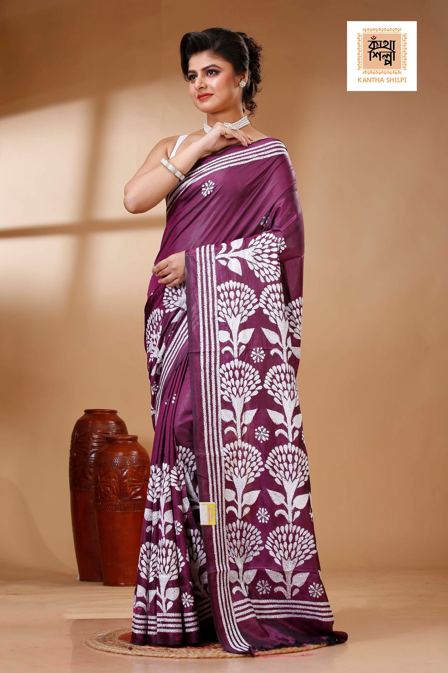 Wine Color Bangalore Silk White color Thread Work Kantha Stitch Saree