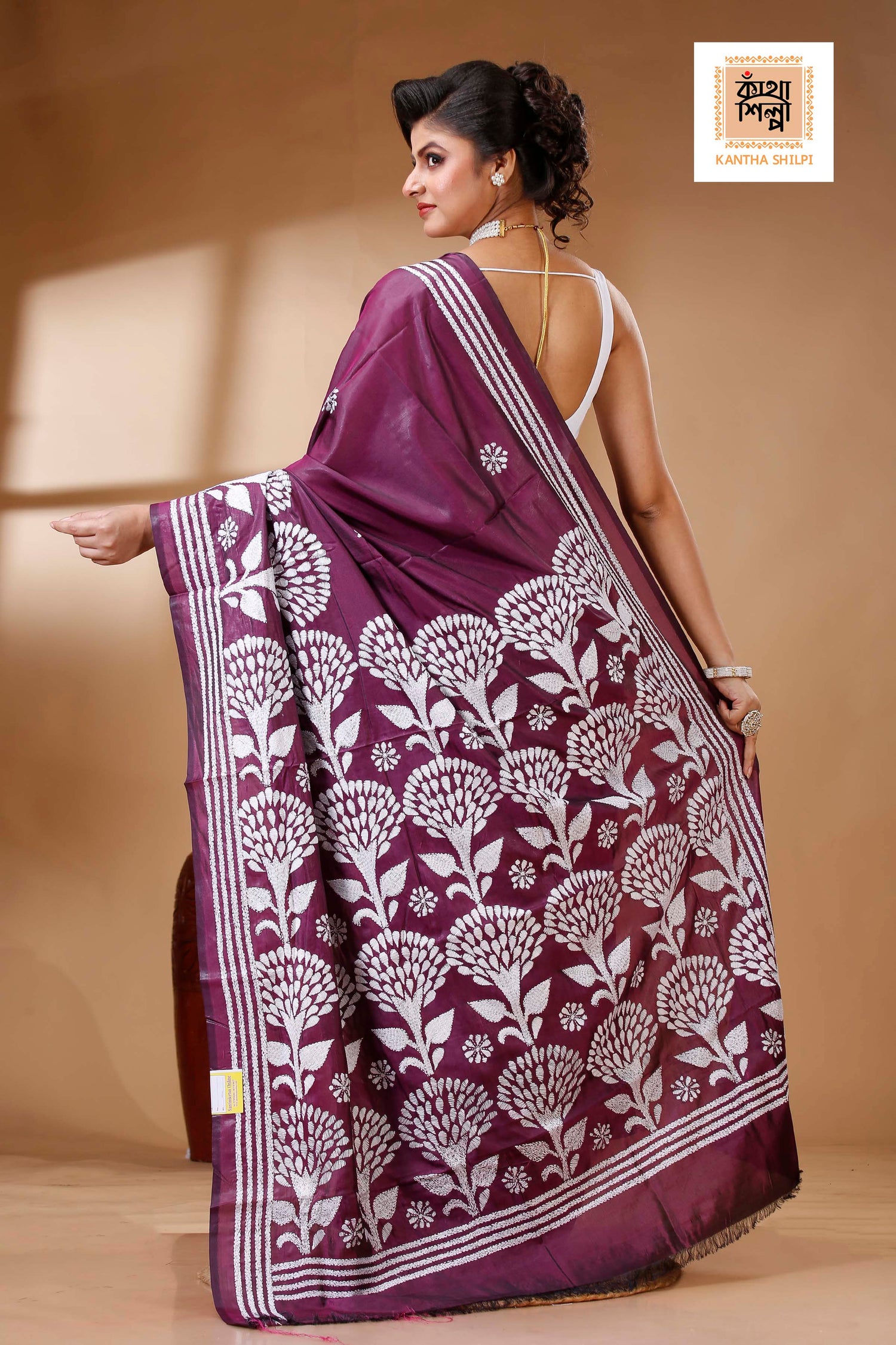 Wine Color Bangalore Silk White color Thread Work Kantha Stitch Saree