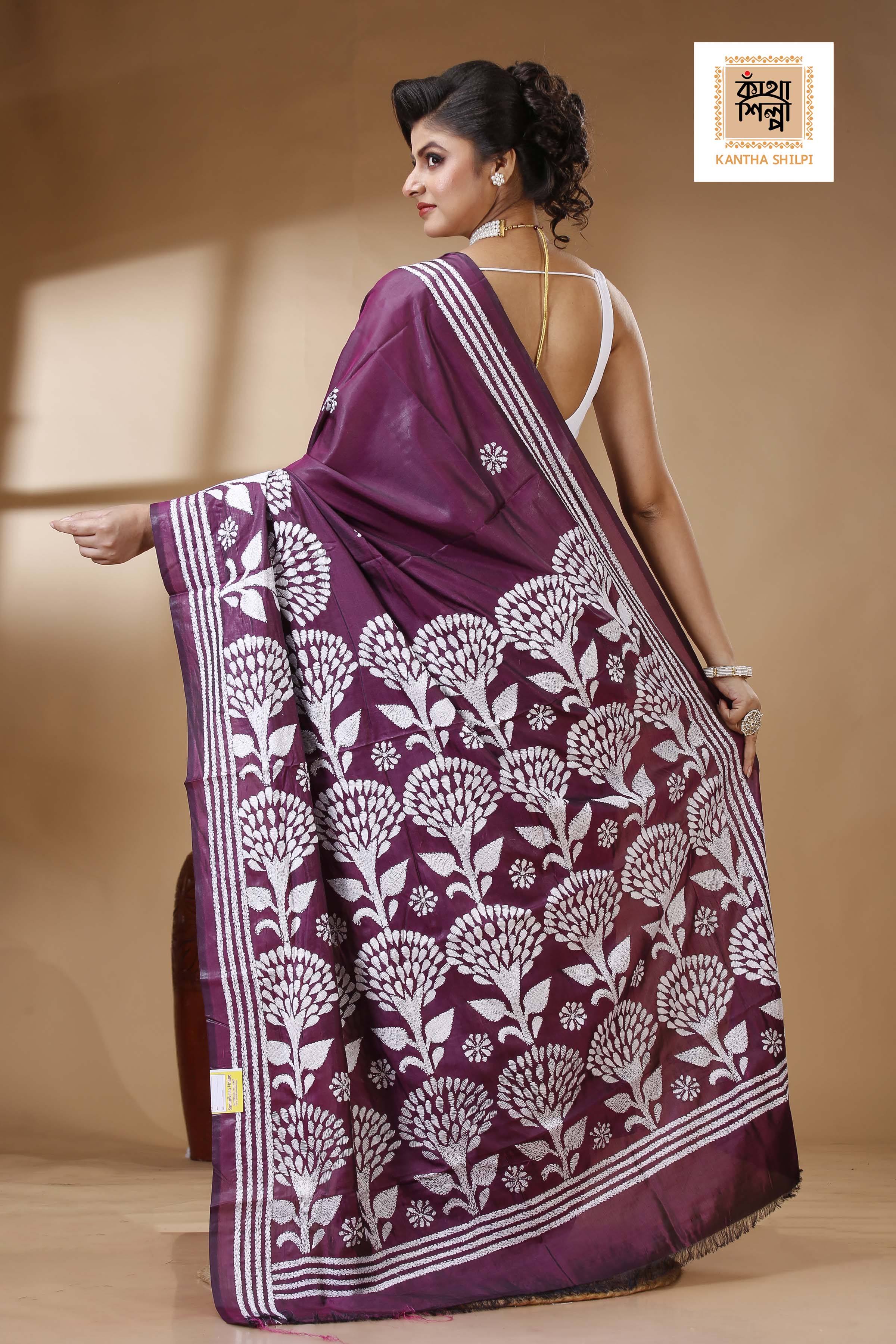 Wine Color Bangalore Silk White color Thread Work Kantha Stitch Saree