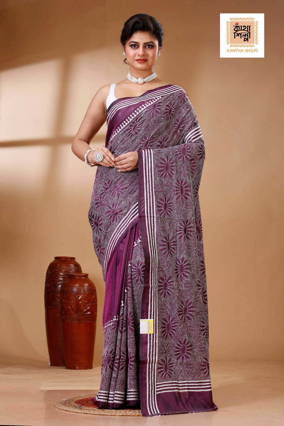 Wine Color Bangalore Silk White color Thread Revers Work Kantha Stitch Saree