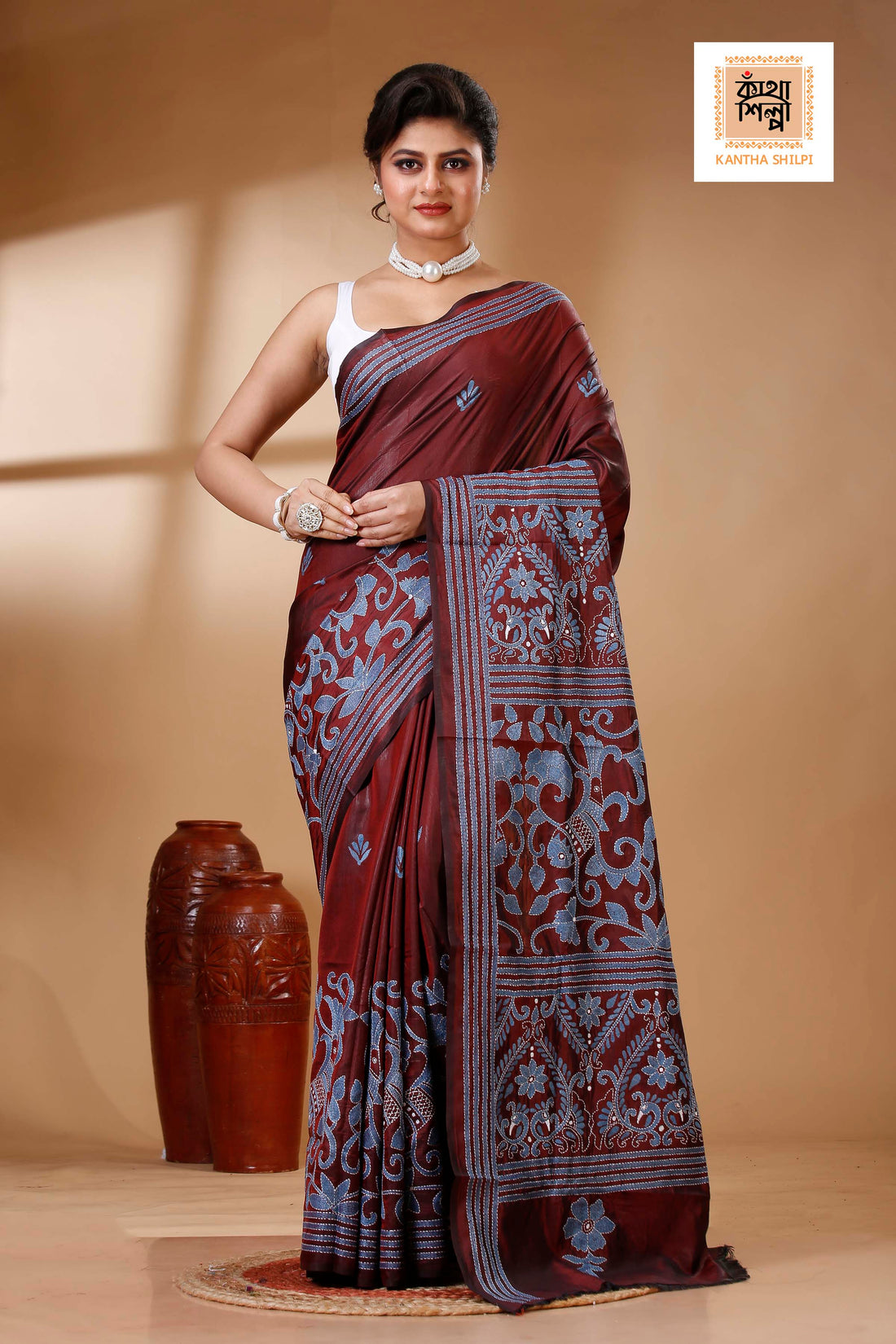 Maroon Color Bangalore Silk Blue color Thread Work Kantha Stitch Saree