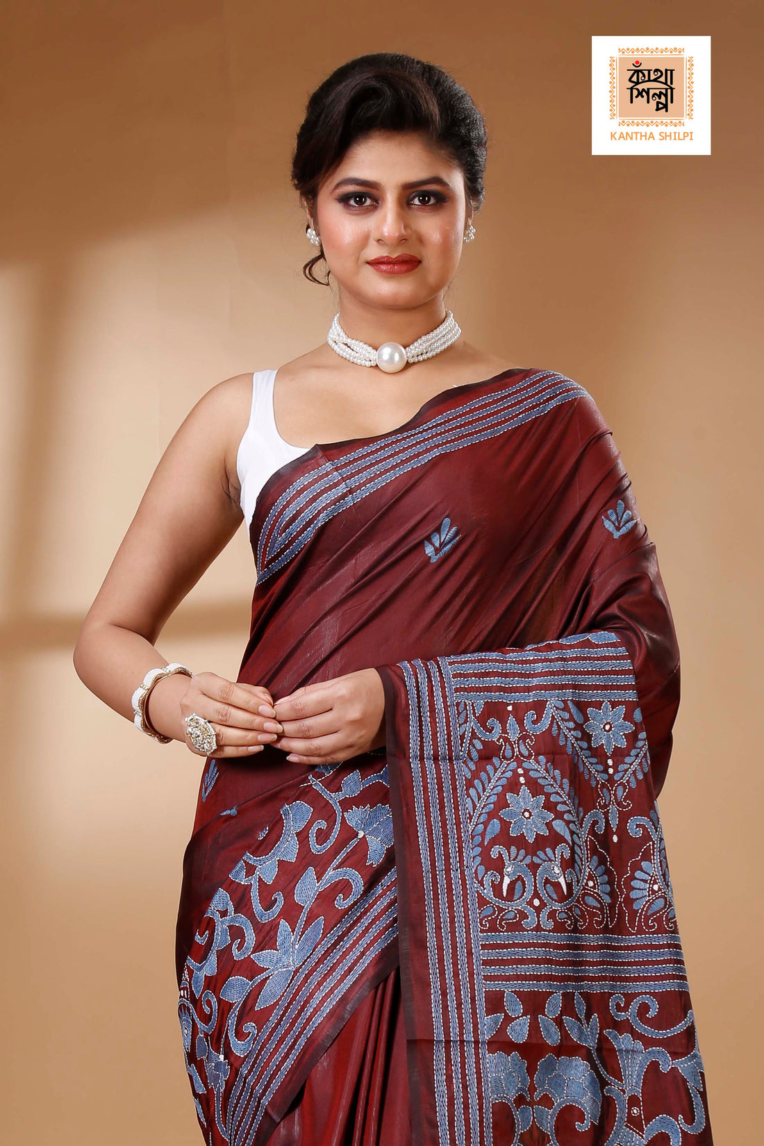 Maroon Color Bangalore Silk Blue color Thread Work Kantha Stitch Saree