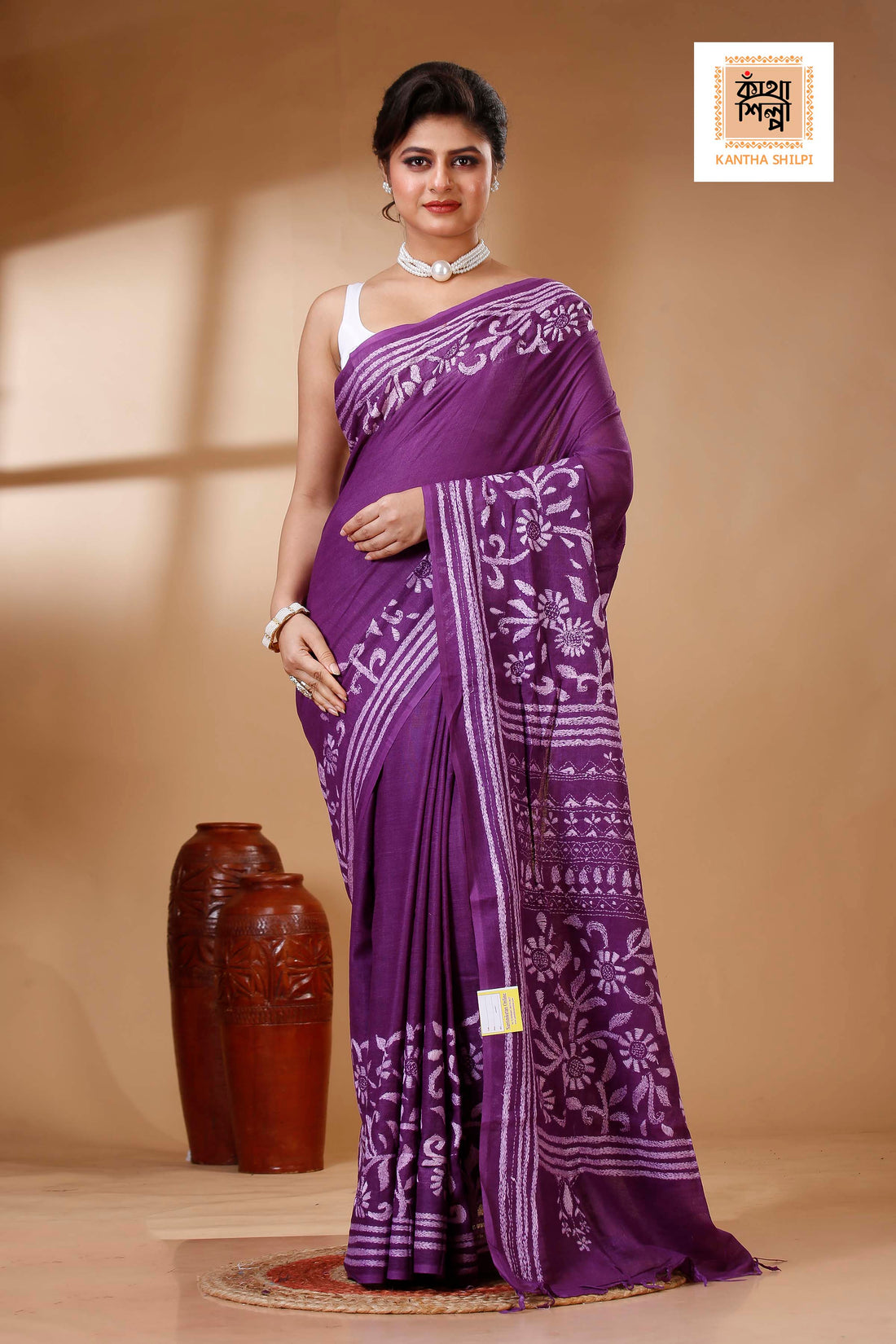 Purple Color Pure Cotton with White Thread Work Kantha Stitch Saree