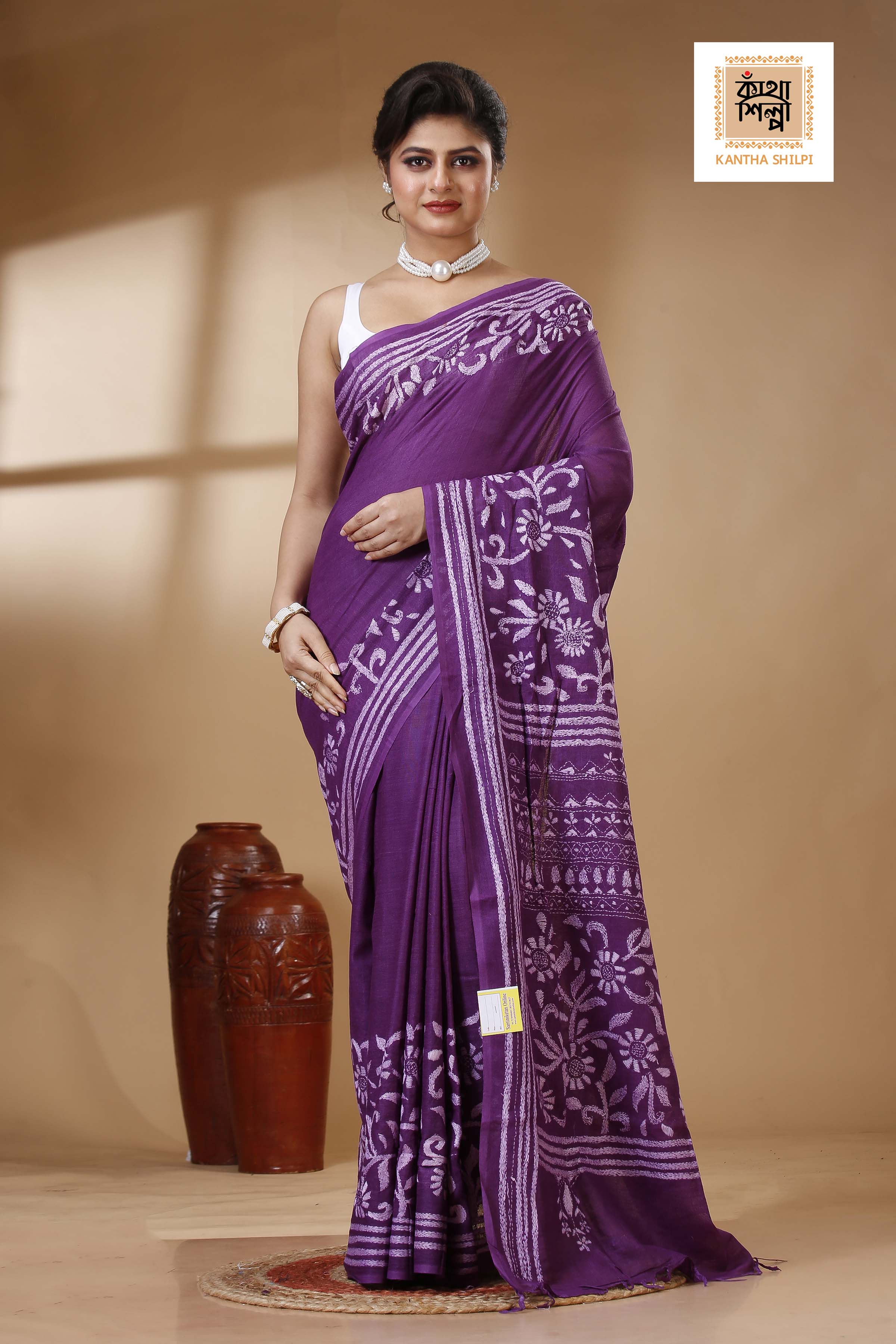 Purple Color Pure Cotton with White Thread Work Kantha Stitch Saree