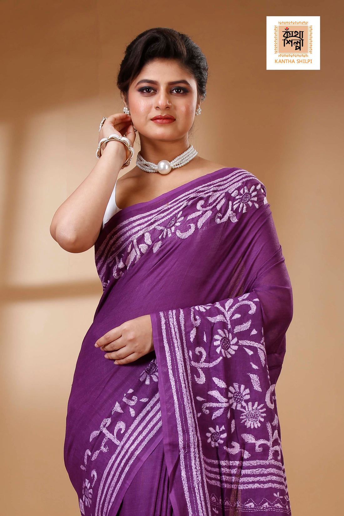 Purple Color Pure Cotton with White Thread Work Kantha Stitch Saree