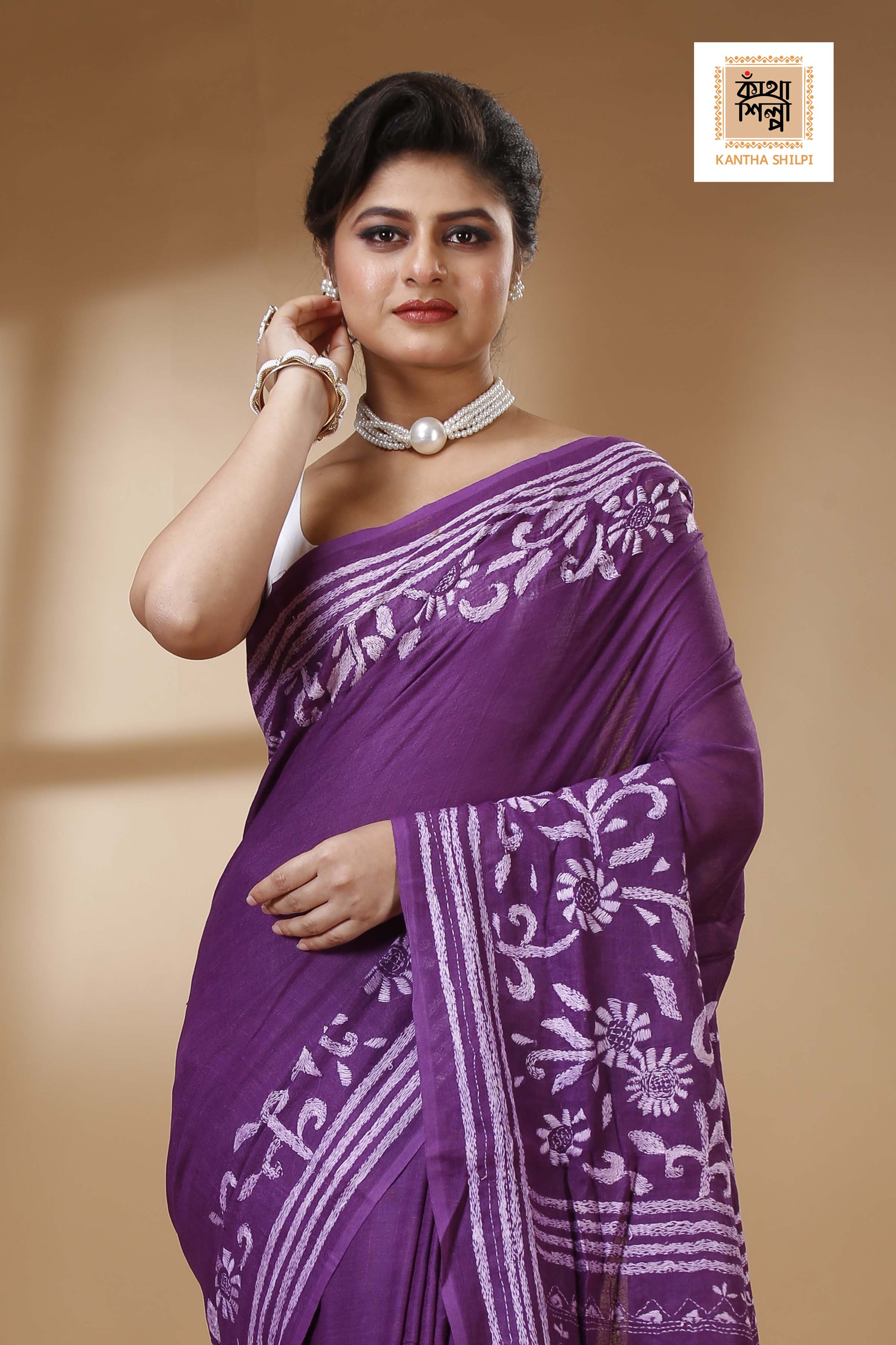 Purple Color Pure Cotton with White Thread Work Kantha Stitch Saree