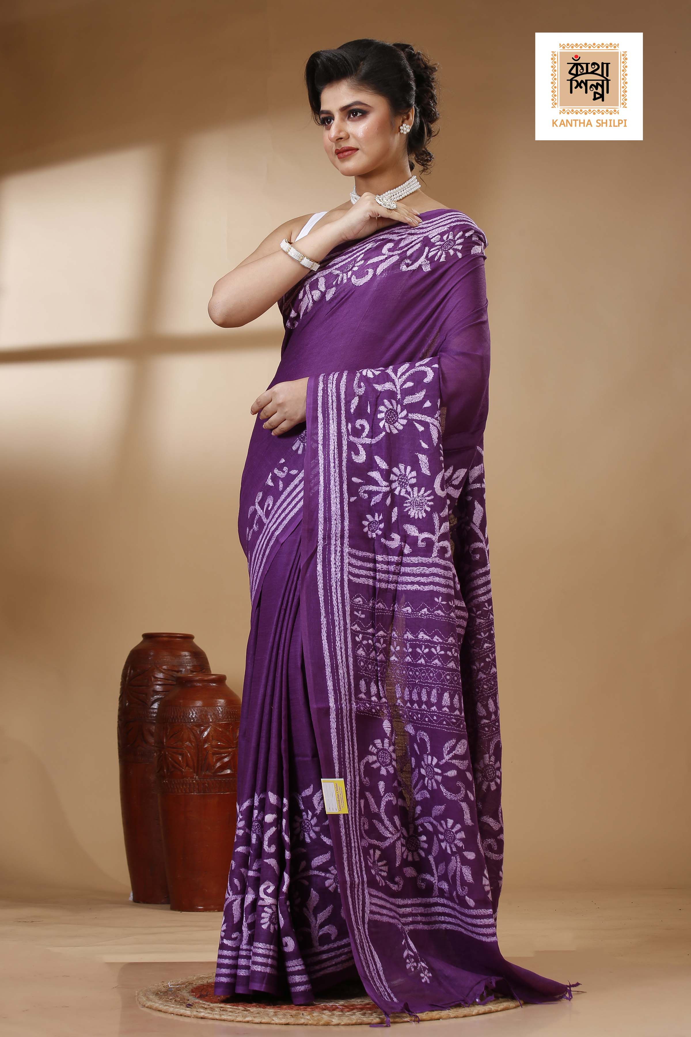 Purple Color Pure Cotton with White Thread Work Kantha Stitch Saree