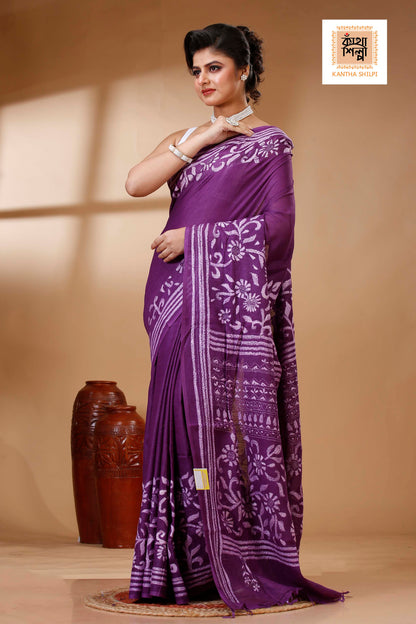 Purple Color Pure Cotton with White Thread Work Kantha Stitch Saree