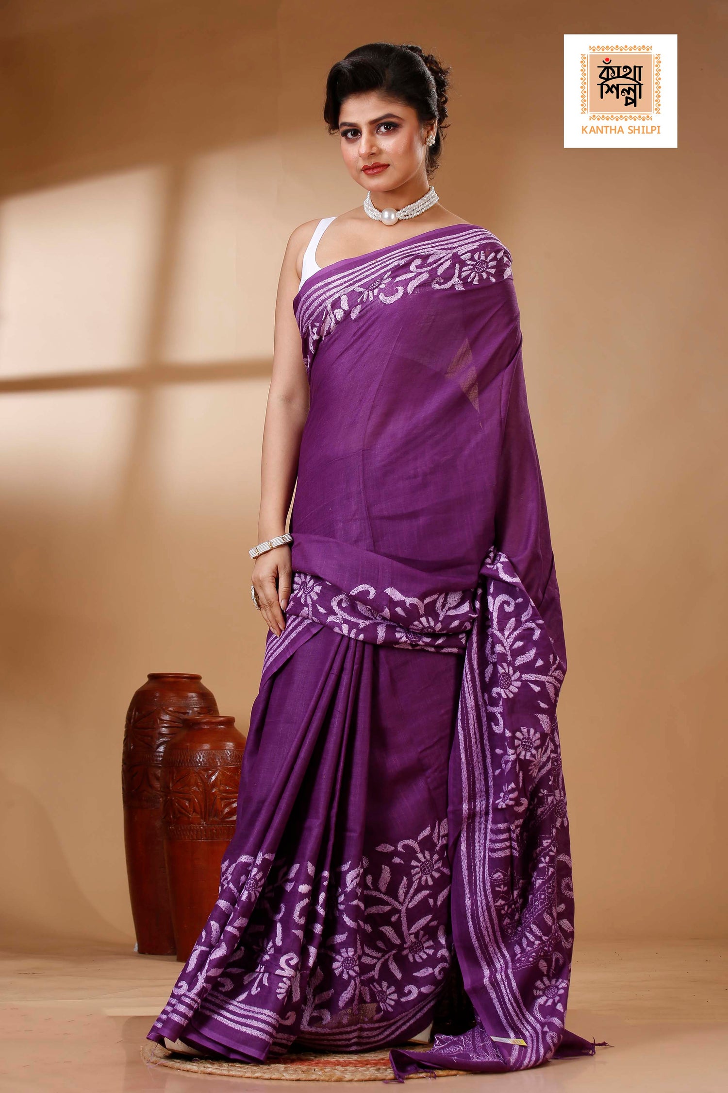 Purple Color Pure Cotton with White Thread Work Kantha Stitch Saree