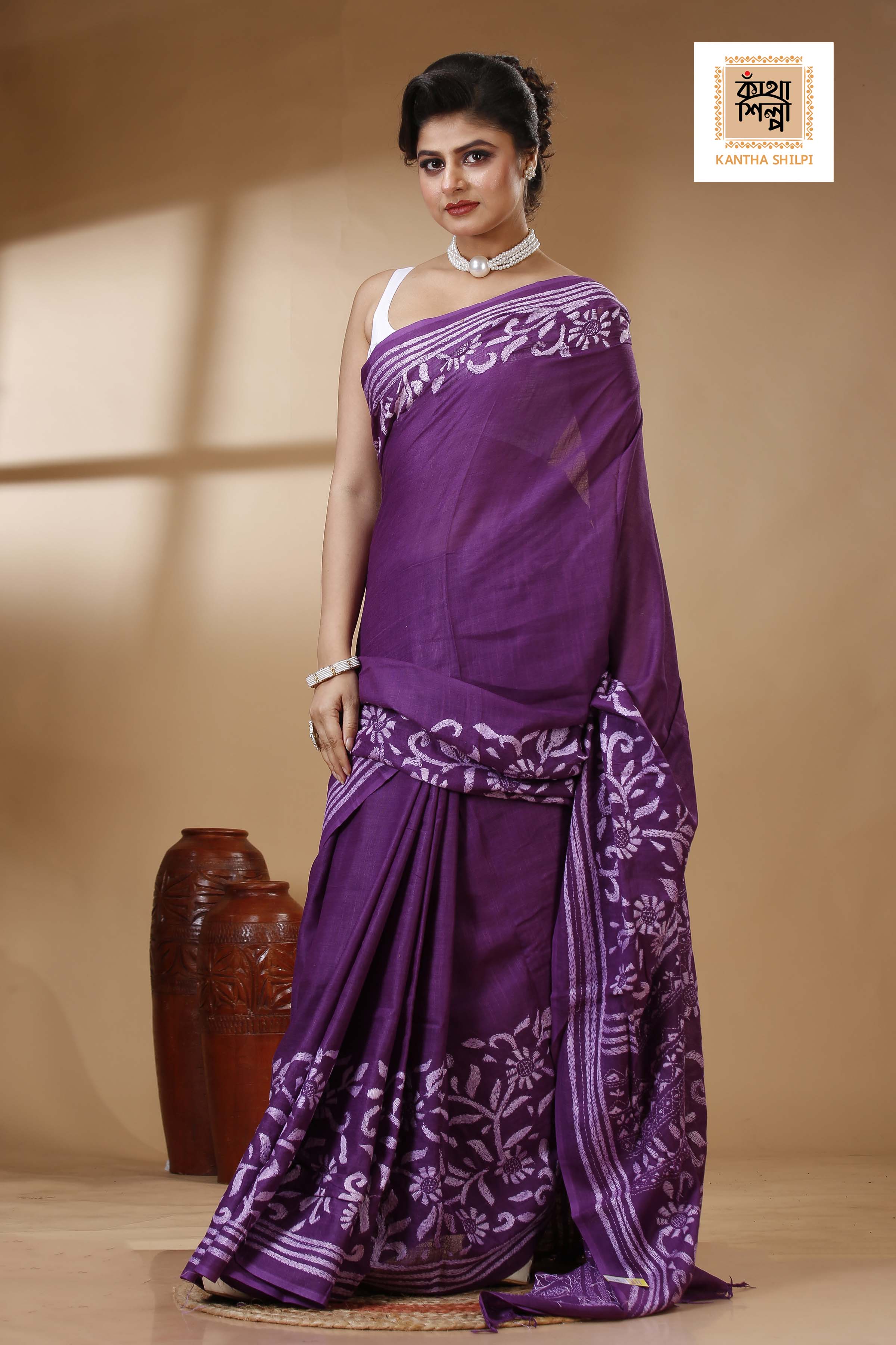 Purple Color Pure Cotton with White Thread Work Kantha Stitch Saree