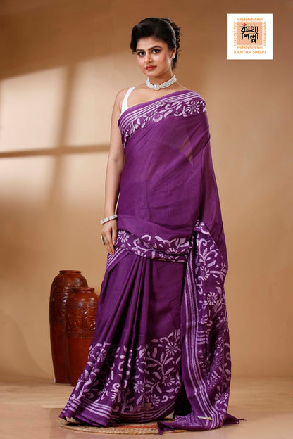 Purple Color Pure Cotton with White Thread Work Kantha Stitch Saree