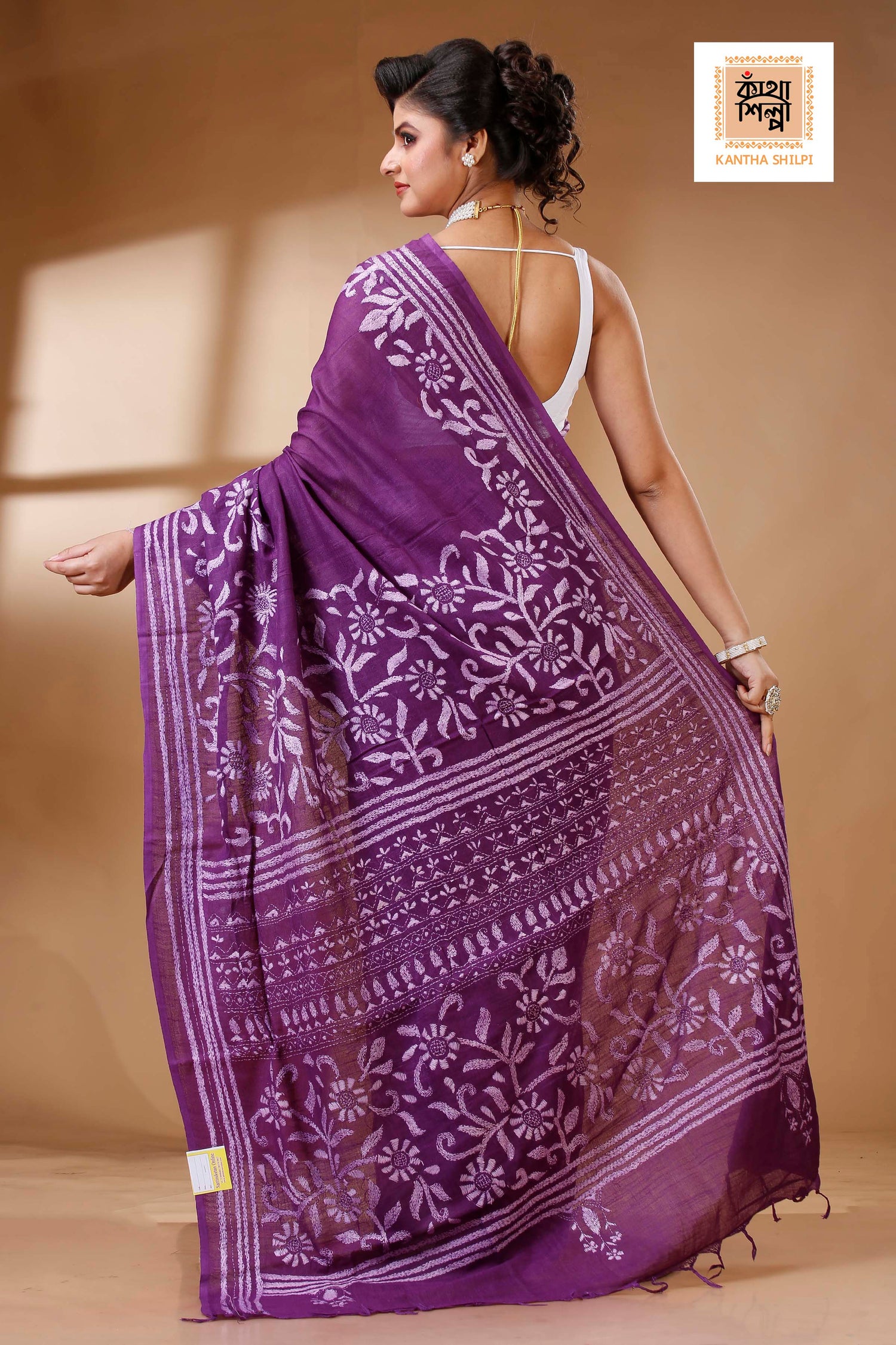 Purple Color Pure Cotton with White Thread Work Kantha Stitch Saree